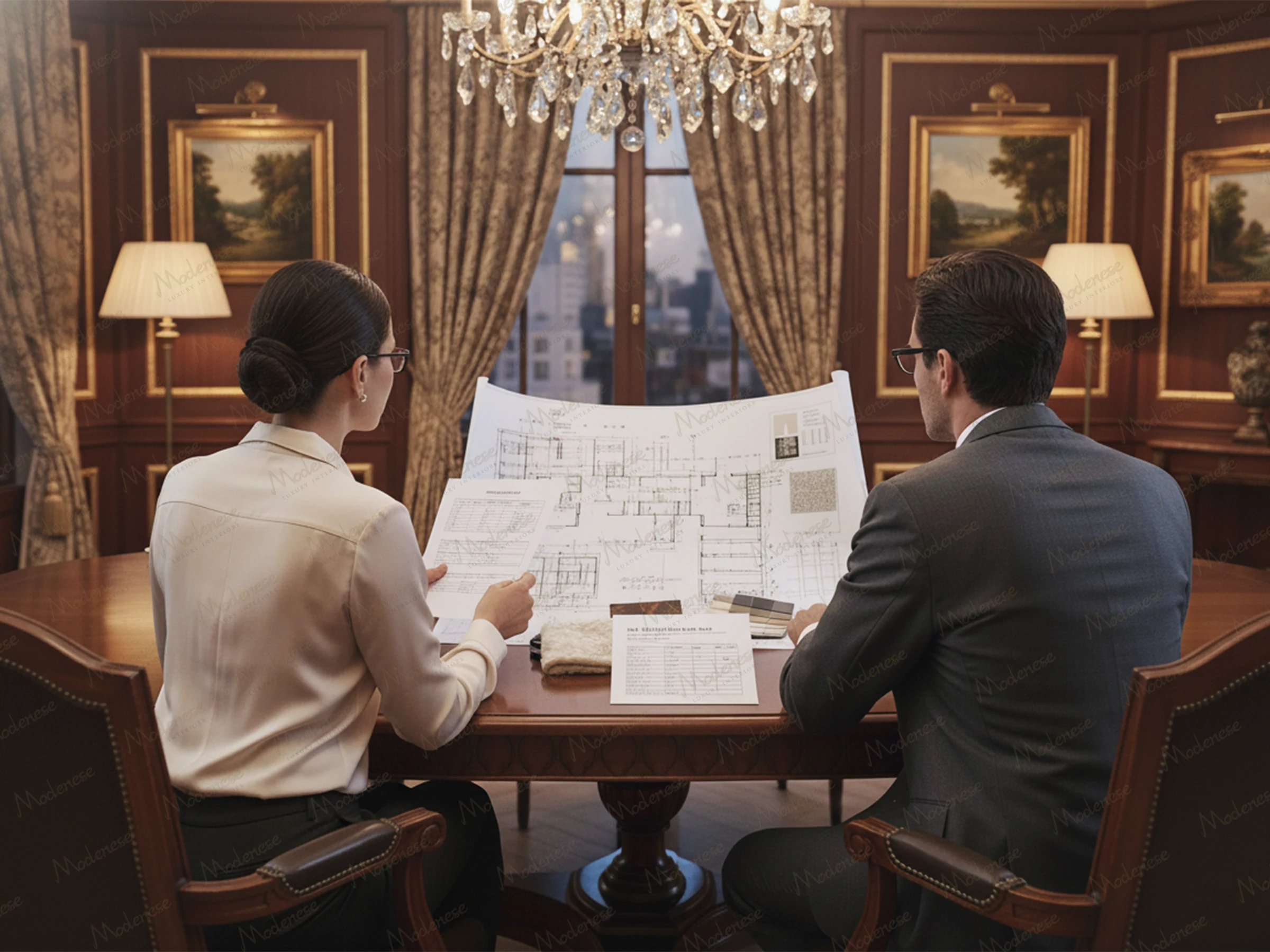 Milan architects reviewing blueprints in a traditional design office with wood-paneled walls, chandeliers, and framed landscape paintings