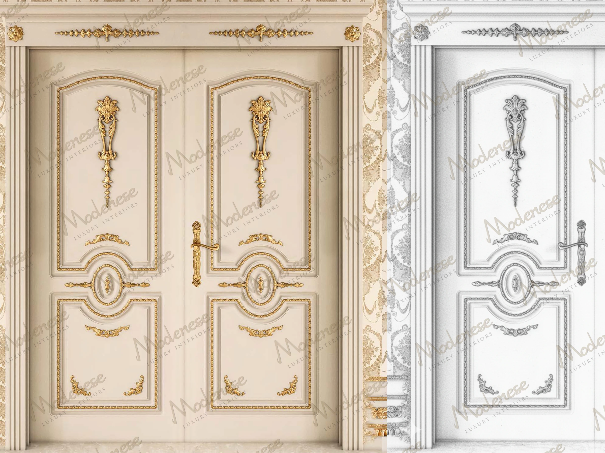 Custom-made interior door with carved decorative details and gold embellishments, shown alongside its technical drawing for premium interior design projects
