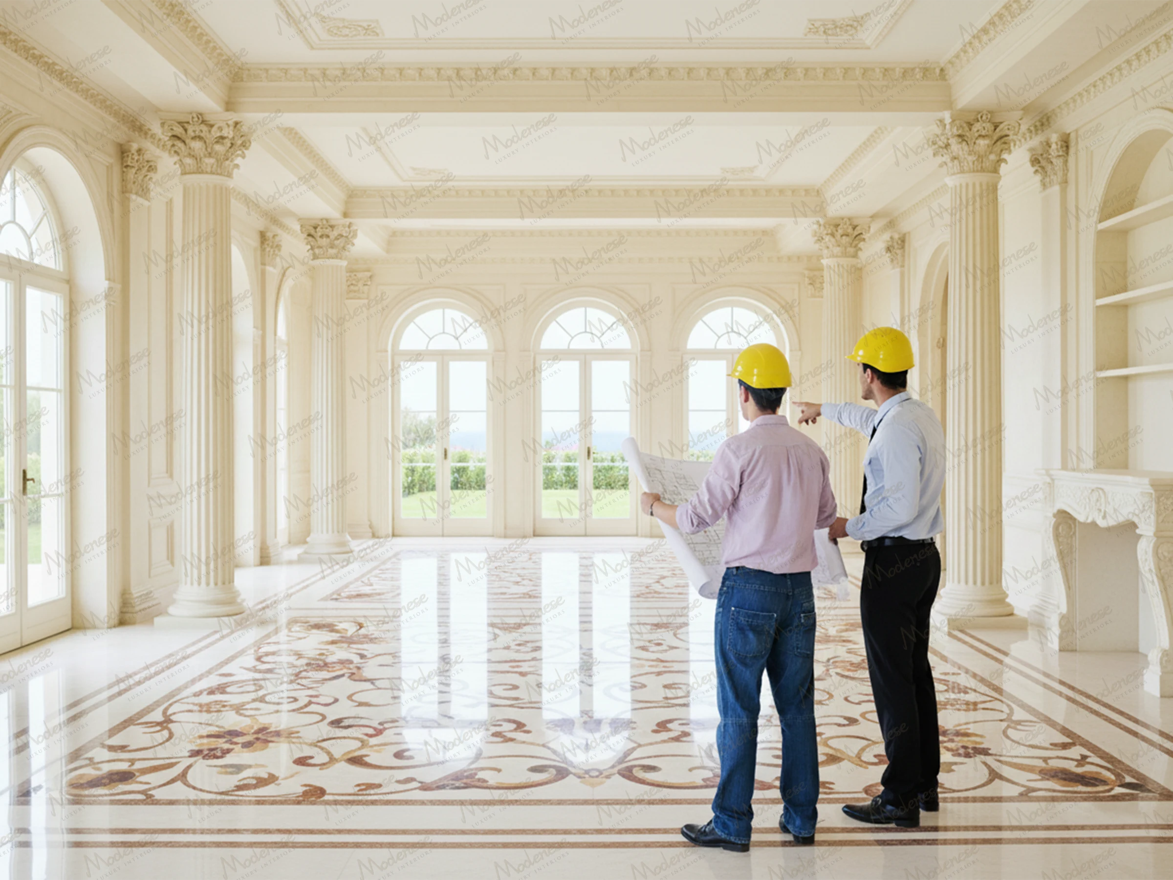 Two supervisors with construction plans discussing final finishes inside a completed Milan ballroom with inlaid marble flooring and classical columns