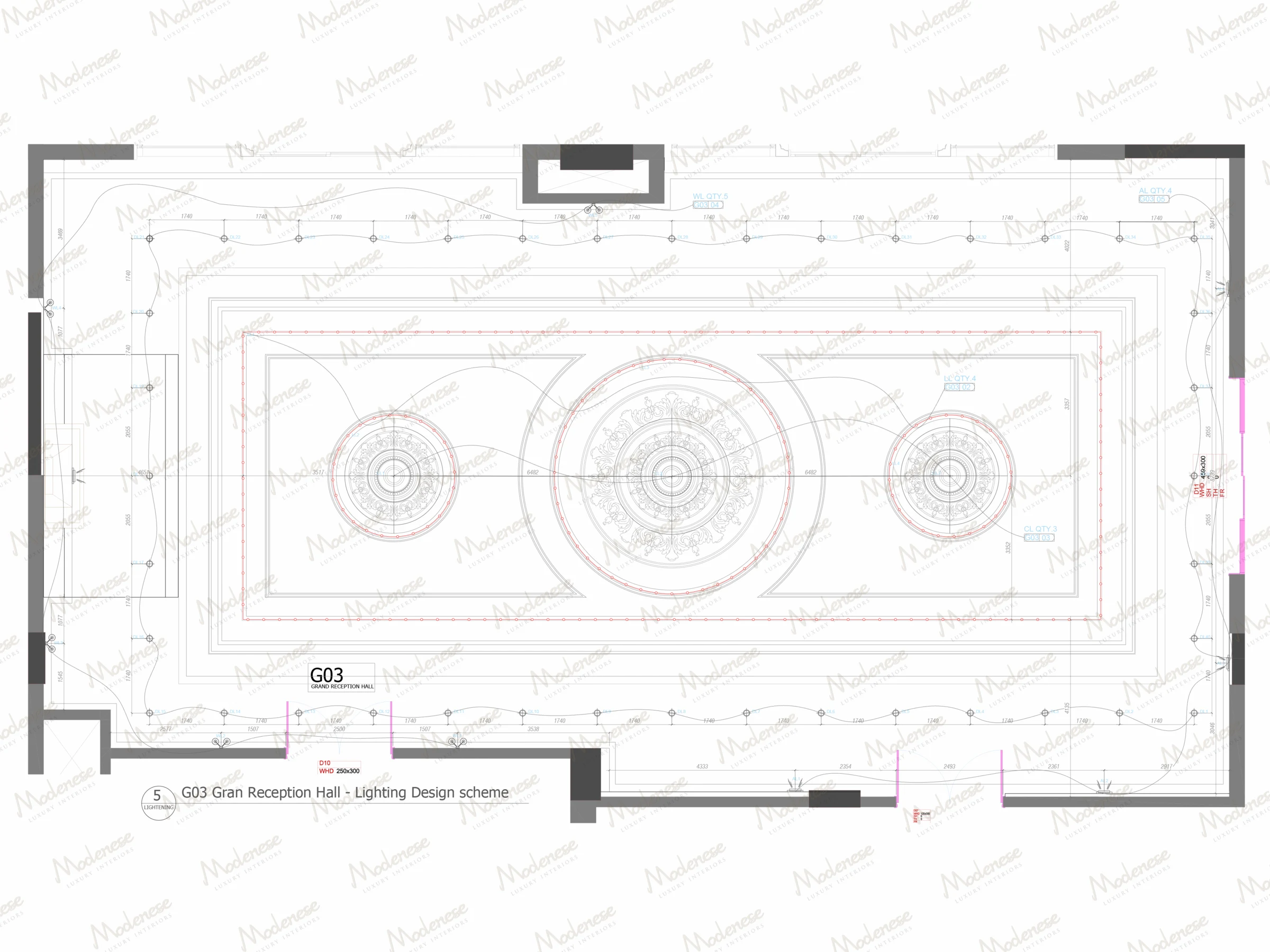 2D lighting layout plan for the grand reception hall of a Nigerian government palace with chandelier placement and circuit annotations