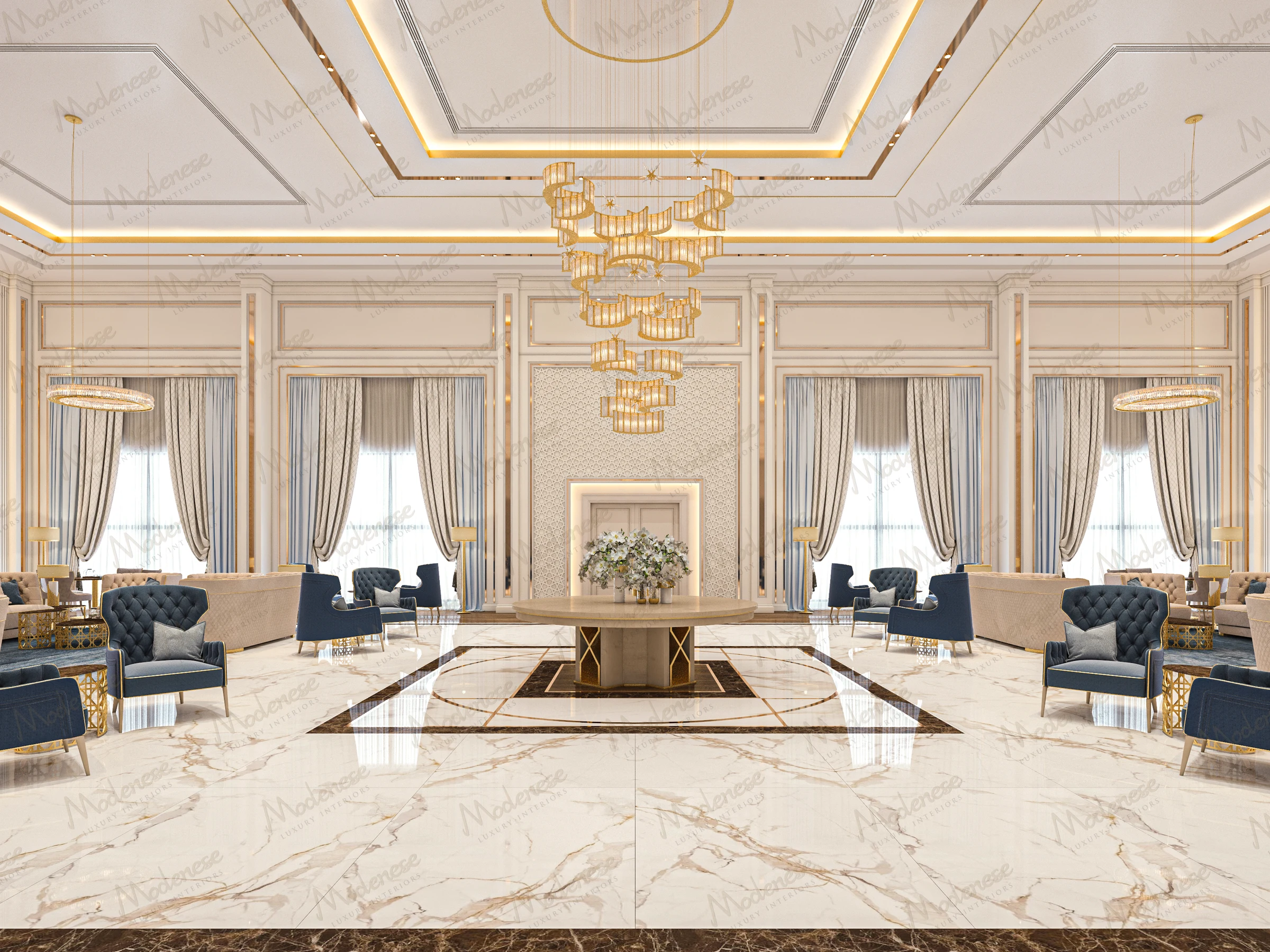 Luxurious hotel lobby in Abu Dhabi with marble flooring, navy velvet seating, and modern gold chandeliers under a coffered ceiling