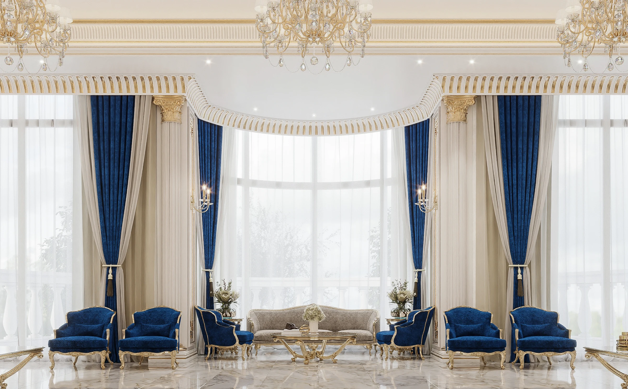Lavish palace staircase in Riyadh with ornate gold balustrades, twin sweeping stairways, marble flooring with a floral medallion, and a grand crystal chandelier above