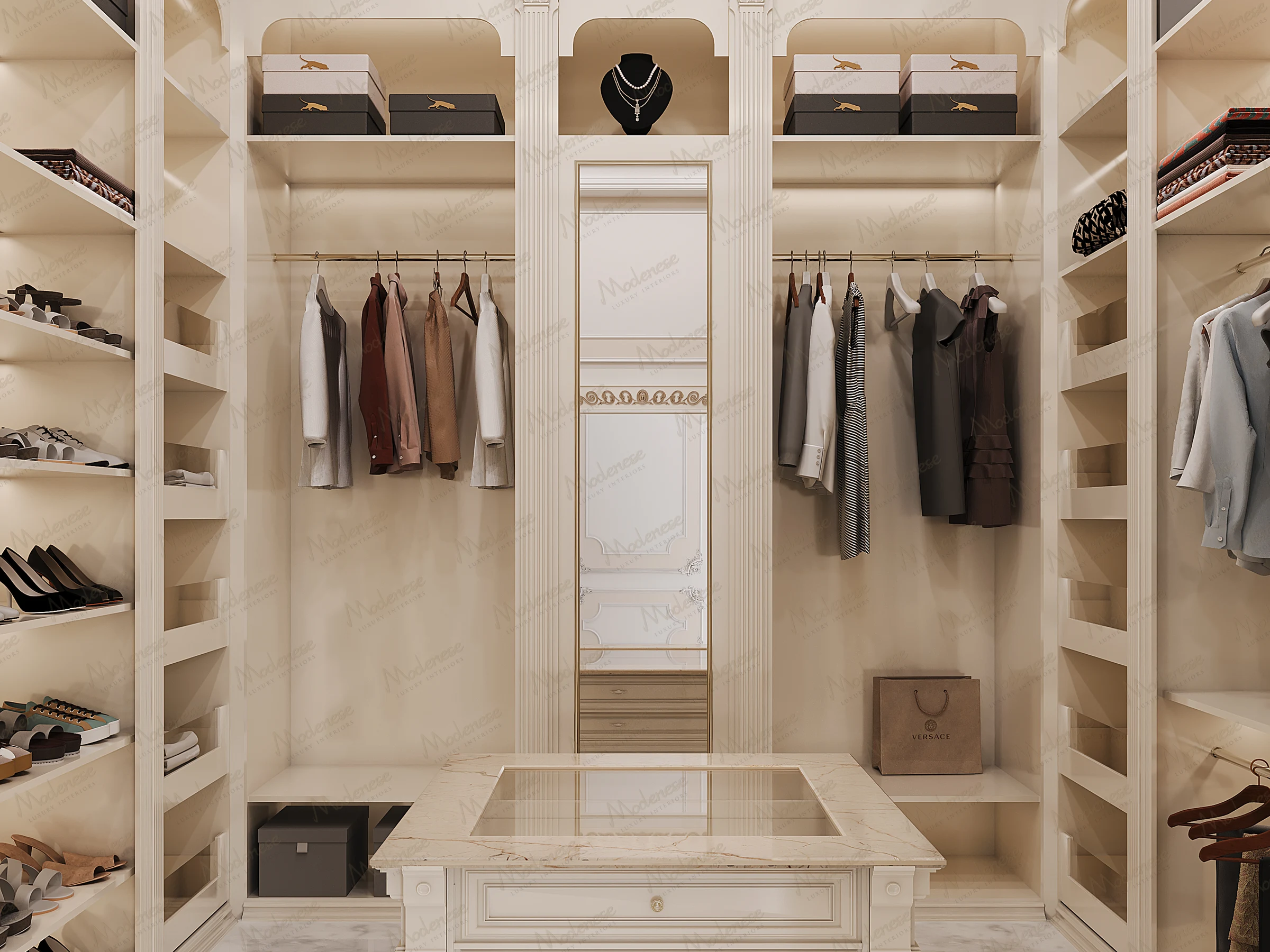 Classic walk-in closet with symmetrical clothing racks, illuminated shelves, and a central marble-topped island beneath soft lighting