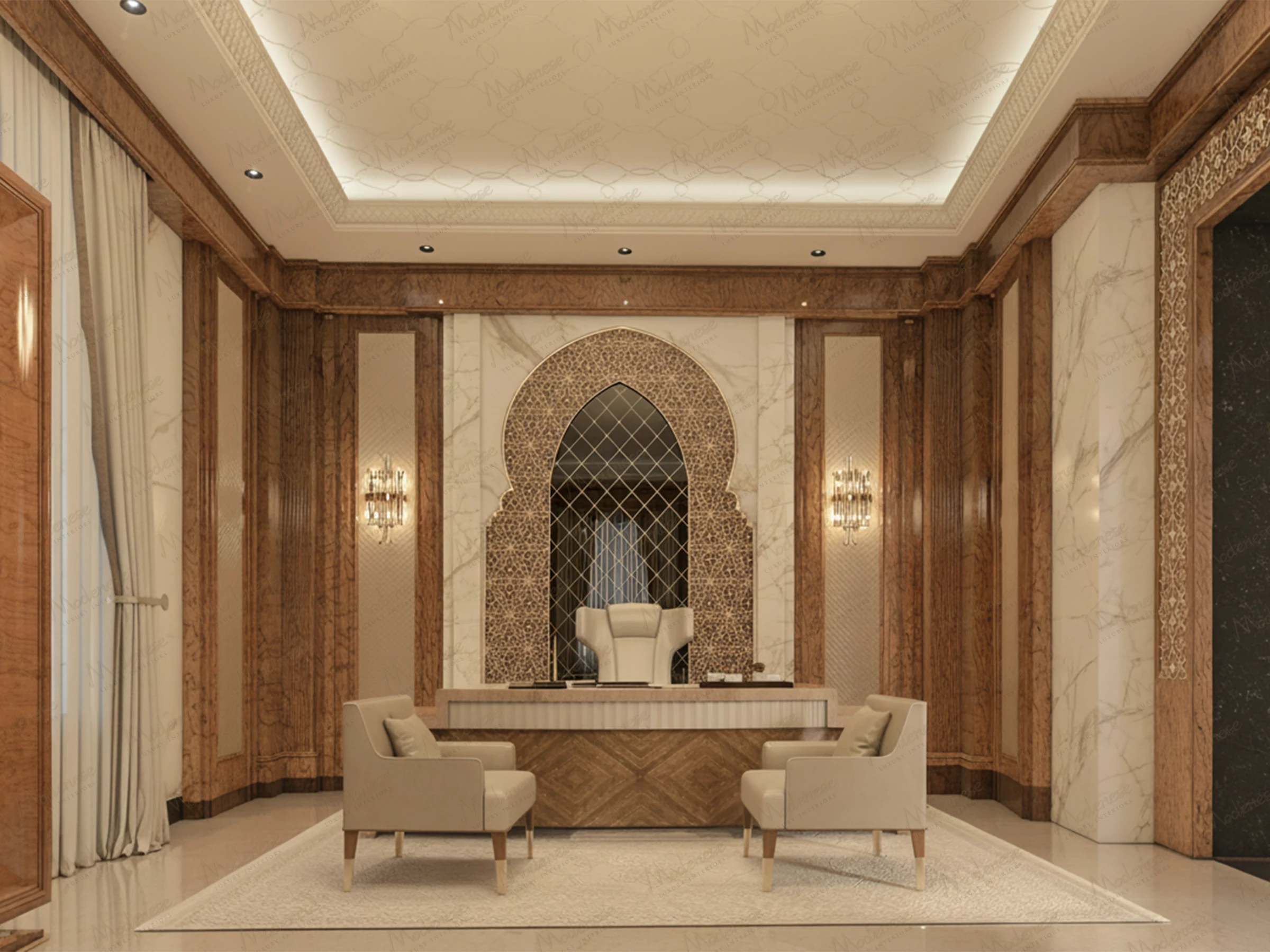 Refined executive office with Middle Eastern design influence, featuring marble accents, arched mosaic wall detail, and warm wood paneling