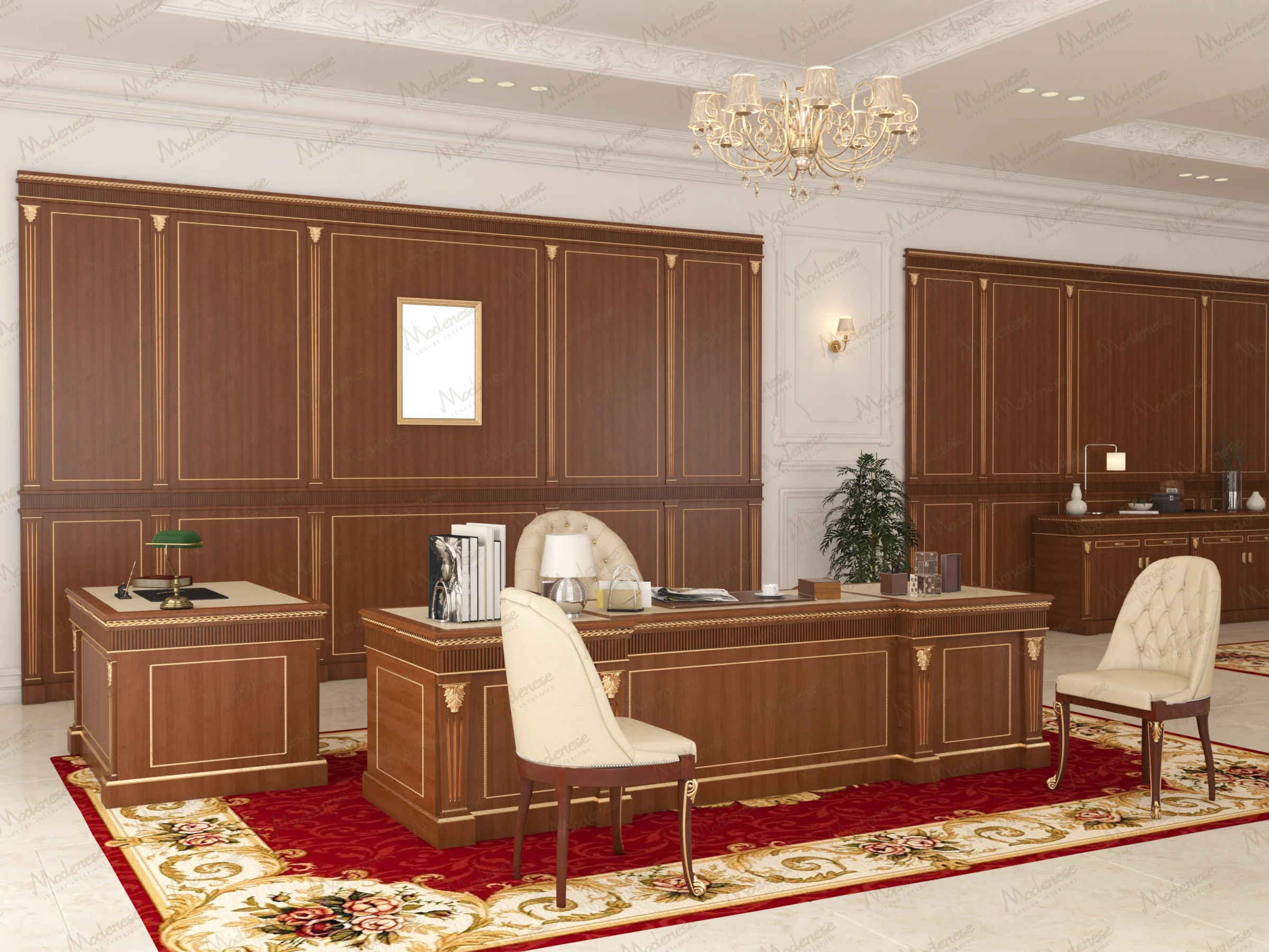 Expansive royal office in Rabat with classic wood paneling, coordinated workstations, cream seating, lush carpeting in red and gold tones, and ornate ceiling details