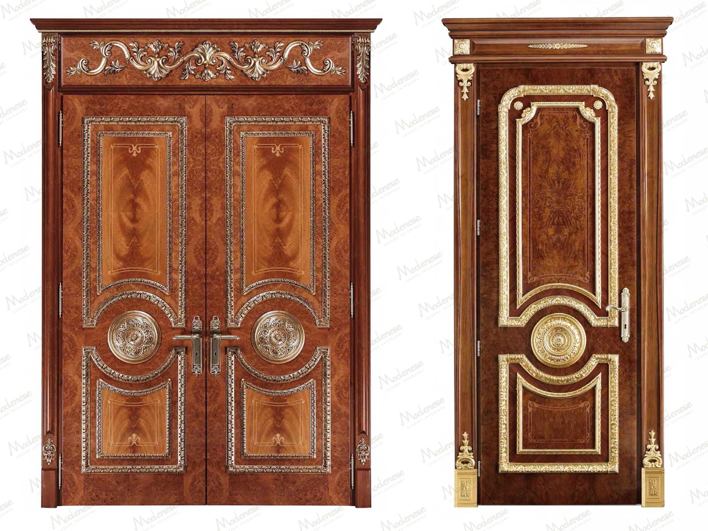 Luxurious wooden doors featuring elaborate gold inlays, intricate carvings, and symmetrical panel designs in a traditional European style