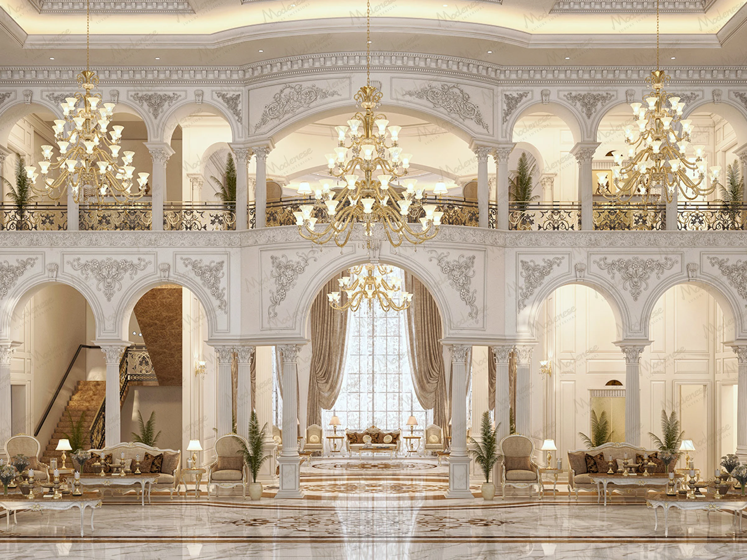 Opulent two-story classical hall interior in Milan with grand chandeliers, arched columns, carved moldings, and elegant seating arrangements