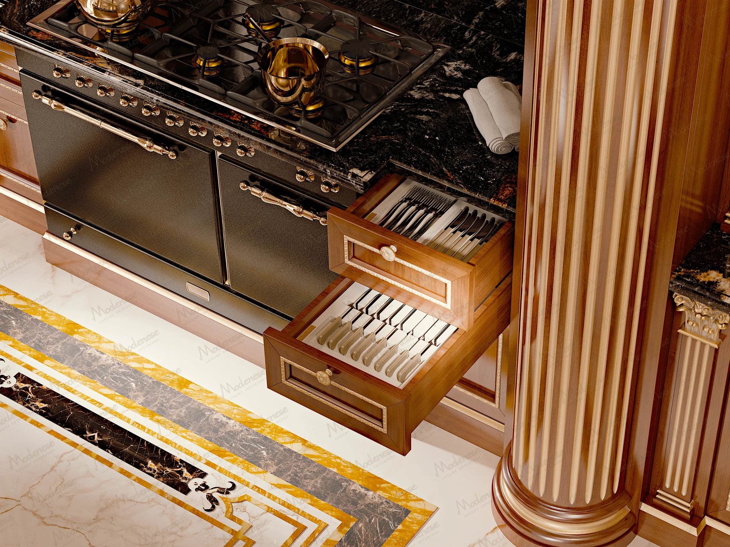 Close-up of a high-end kitchen range with black and gold finishes, fluted wooden columns, marble countertops, and open drawers revealing organized cutlery