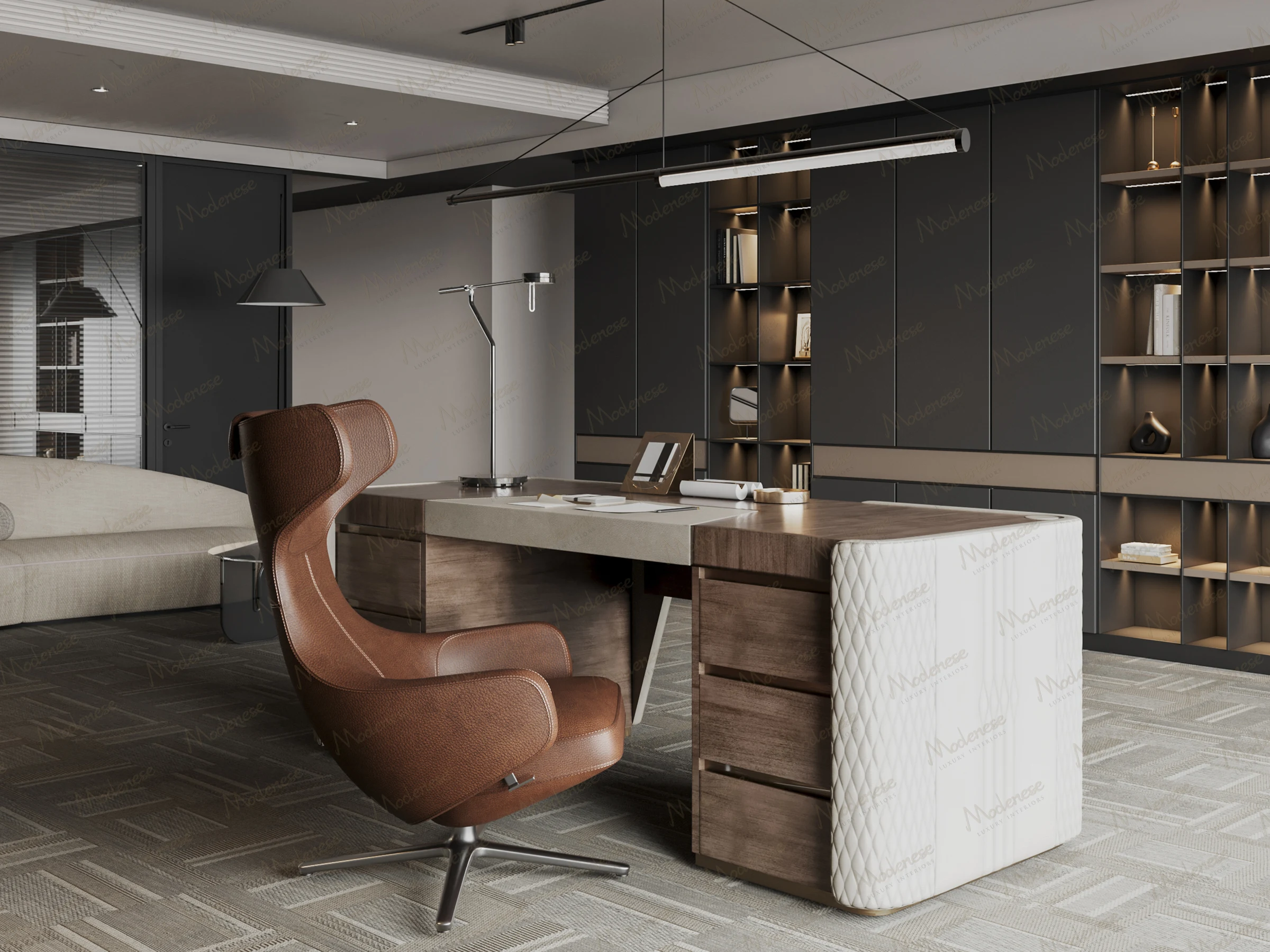 Modern New York office interior featuring a minimalist desk with quilted side panels, ergonomic leather chair, ambient shelving lighting, and neutral-toned furniture