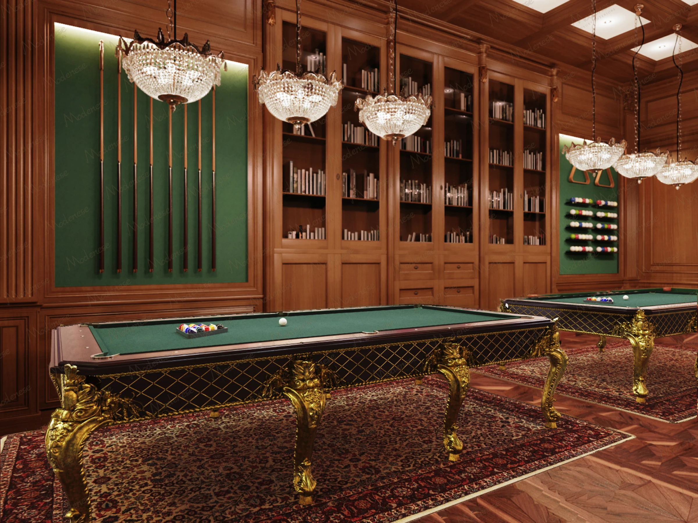 Luxurious billiards room in Dubai featuring ornate gold-trimmed pool tables, crystal chandeliers, rich wood paneling, and a backdrop of built-in bookcases and green felt cue racks for an elegant gaming ambiance