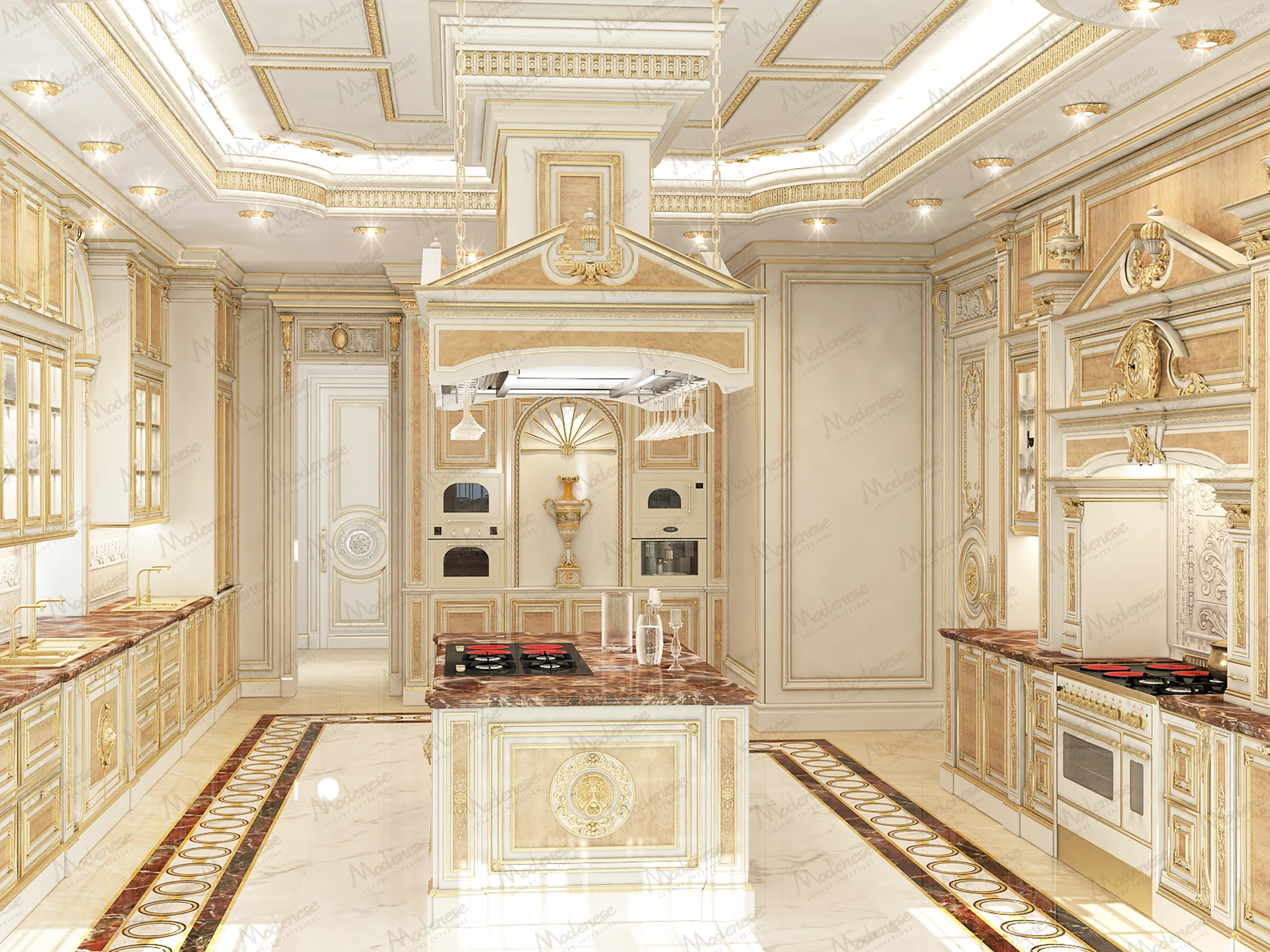 3D render of a neoclassical kitchen interior in a villa in Iraq featuring coffered ceilings, decorative columns, and symmetrical cooking zones