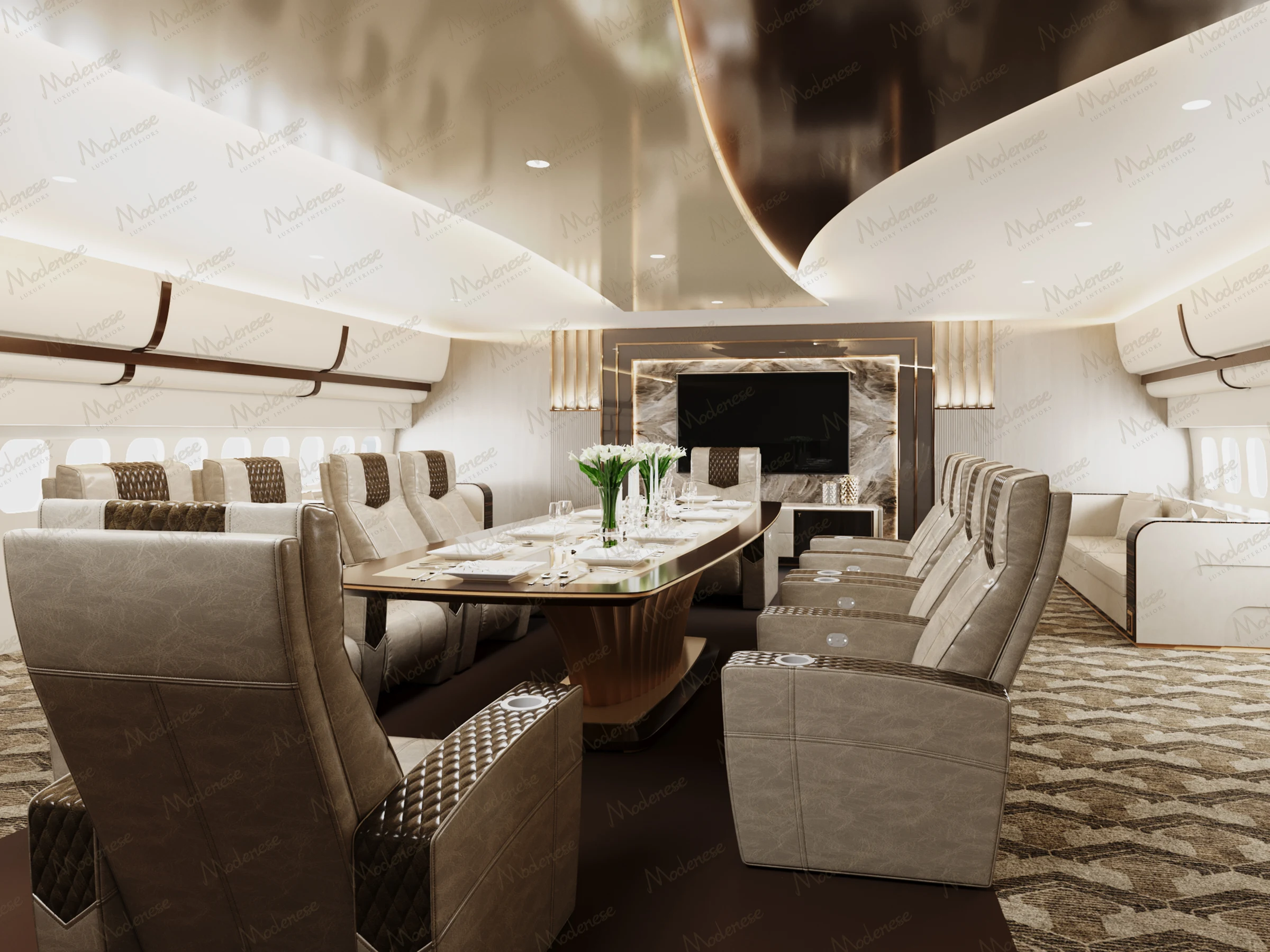 Ultra-luxury private jet cabin featuring a central dining table, plush reclining seats, ambient lighting, and a large entertainment screen