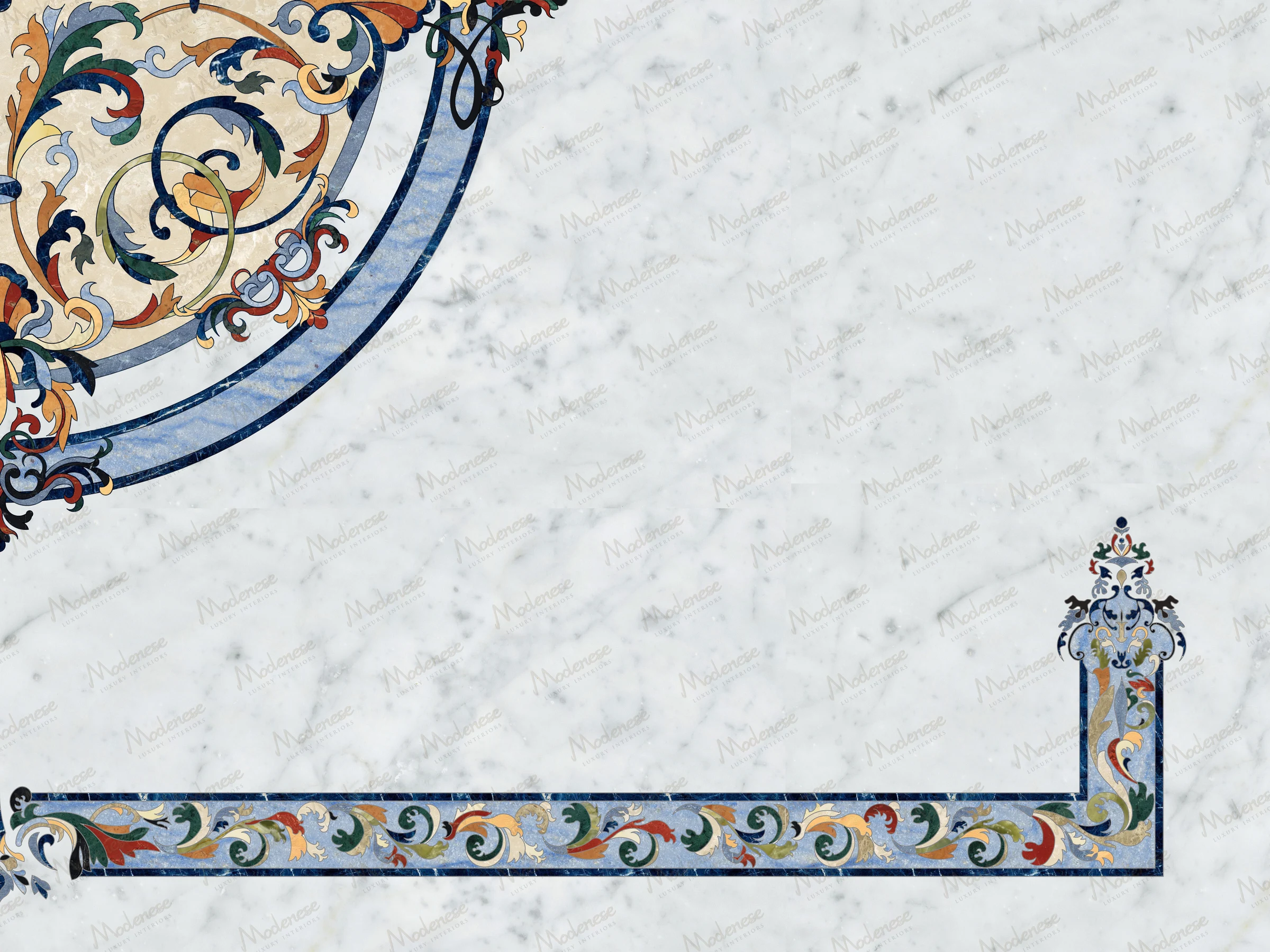 Close-up of marble inlay flooring design in Virginia featuring colorful floral and scroll motifs on a light stone background