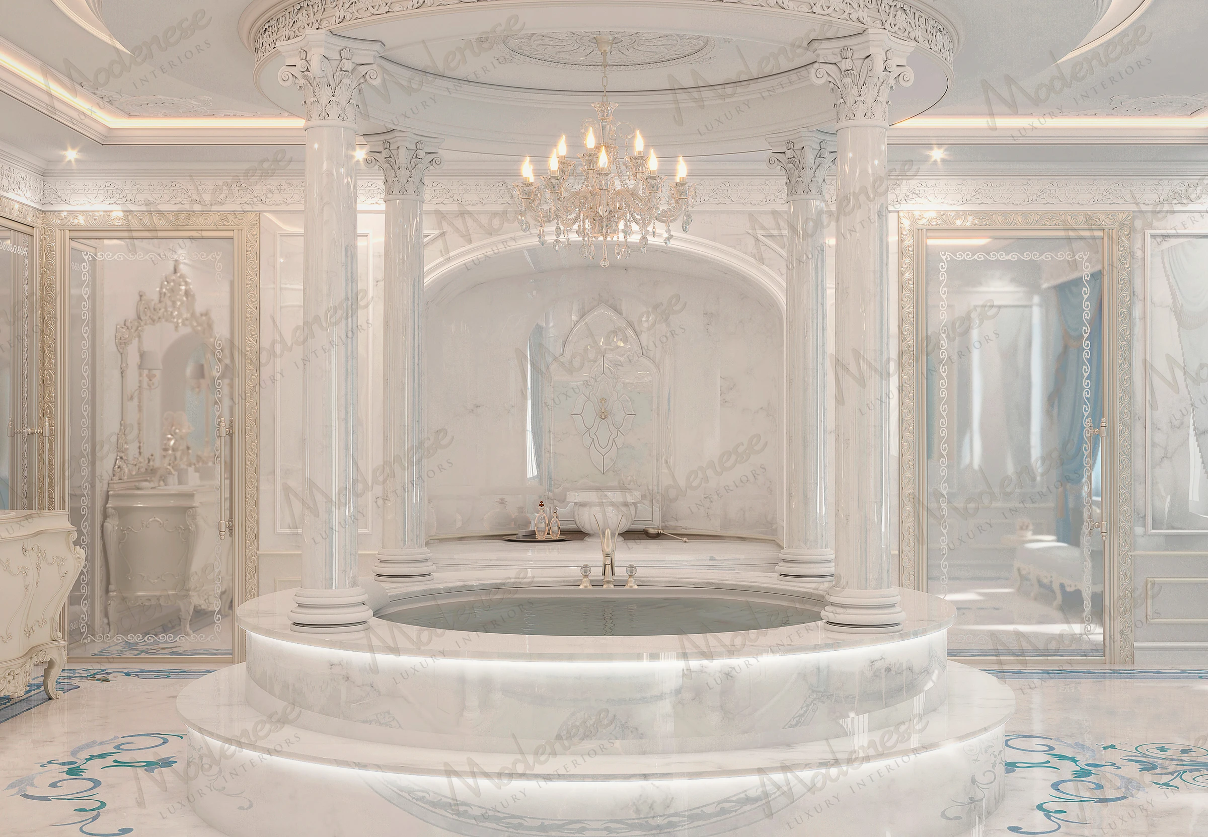 Luxurious marble bathroom in Lagos with a circular bathtub, intricate ceiling moldings, and a grand chandelier above an arched alcove with a marble fountain