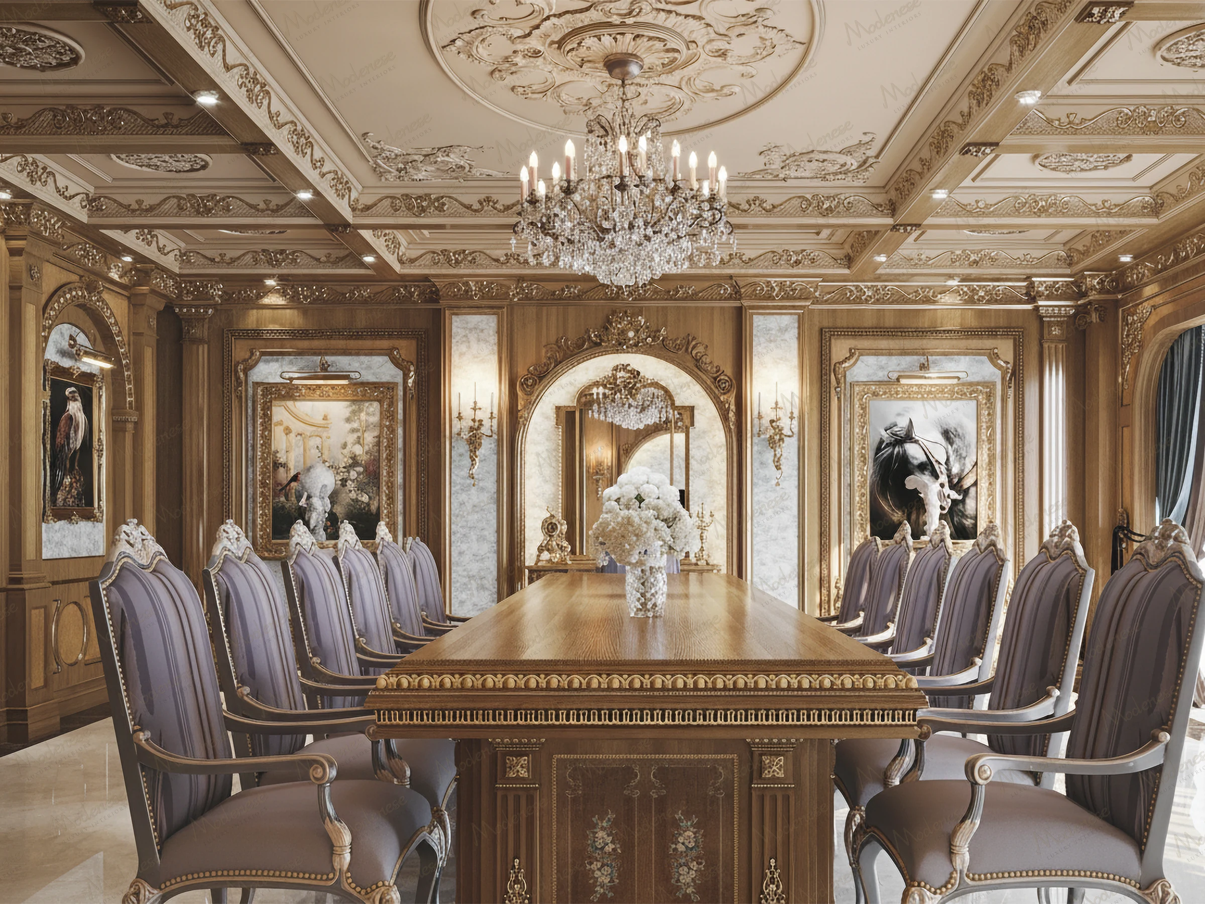 Ornate boardroom with intricate woodwork, chandeliers, and velvet-upholstered chairs surrounding a large conference table
