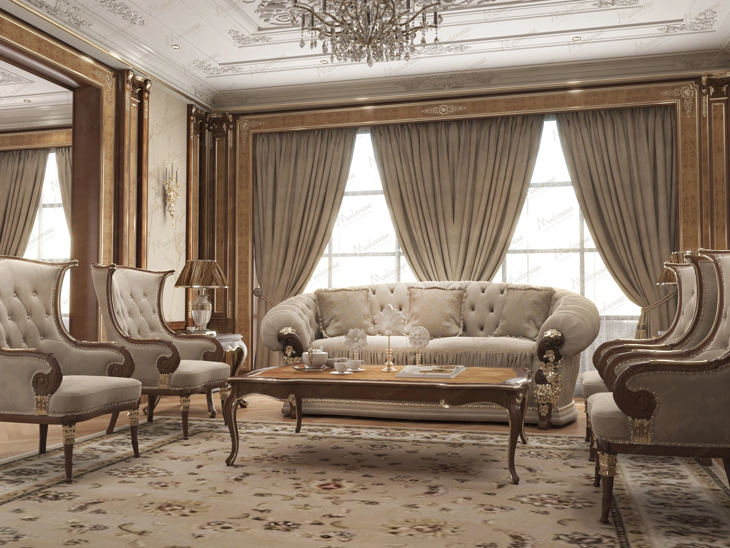 Elegant living room in Angola with tufted velvet furniture, gold-trimmed armchairs, heavy draped curtains, and a floral rug beneath a chandelier and carved ceiling