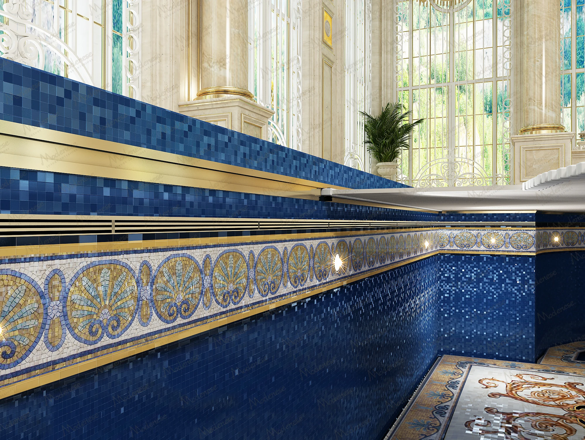 Close-up view of a luxurious swimming pool lined with deep blue tiles, gold accents, and a classical mosaic border of shells and scroll motifs