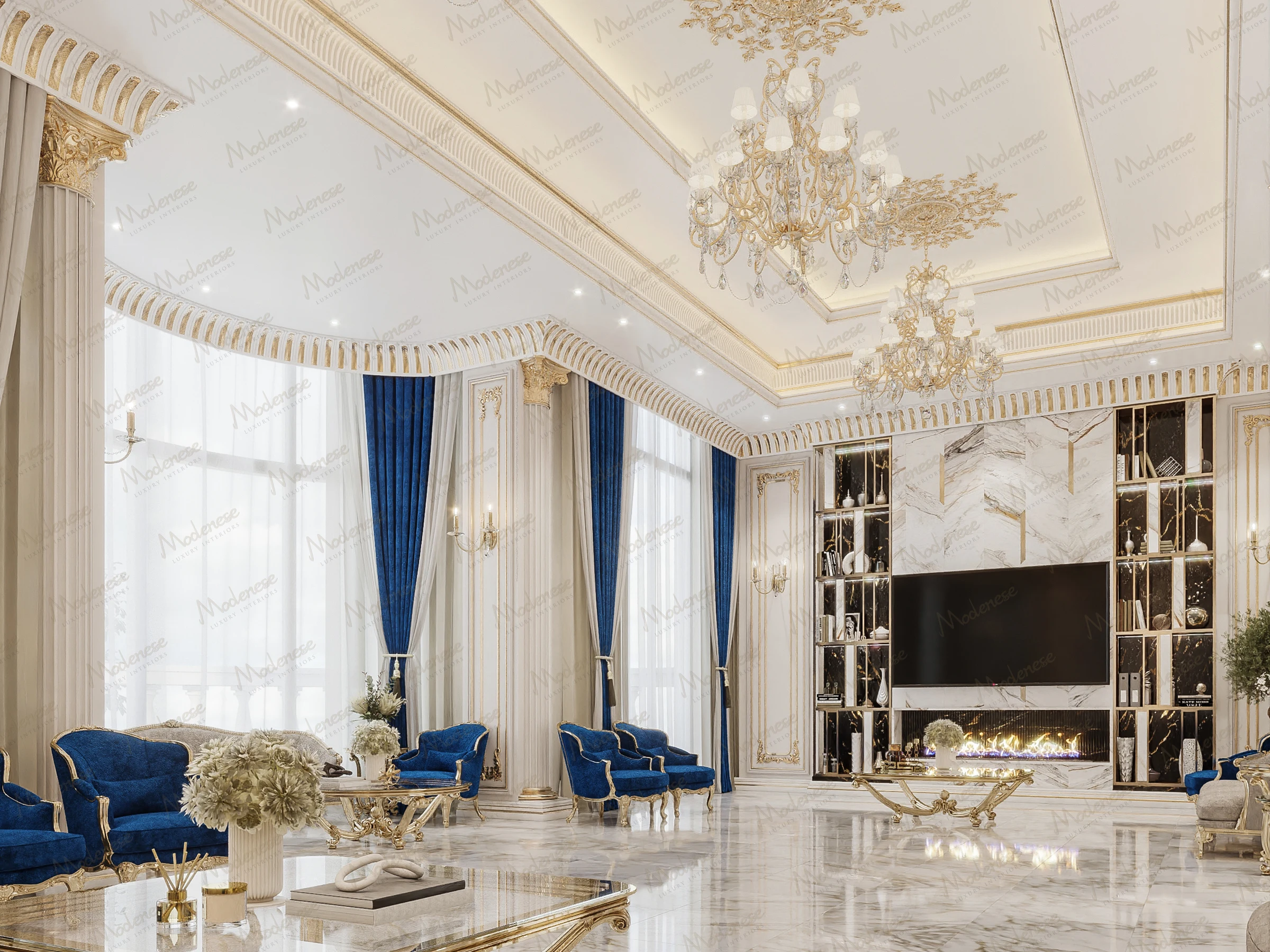 Glamorous Dubai living room with royal blue velvet chairs, floor-to-ceiling drapes, marble flooring, chandeliers, and a large television set in a gilded frame