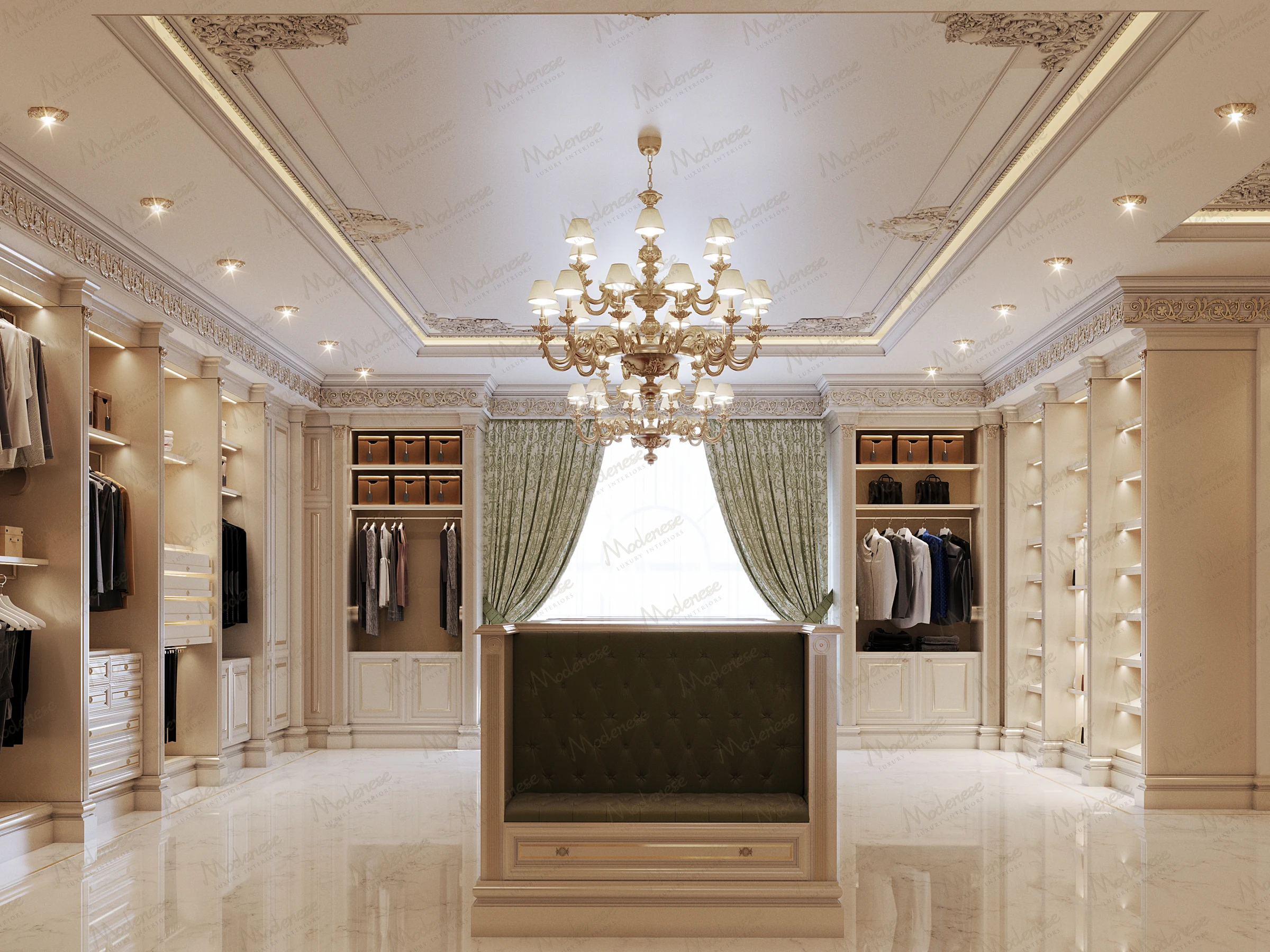 Spacious dressing room with classical molding, ornate ceiling details, central tufted bench, and curated wardrobe sections surrounding a large window with green drapery