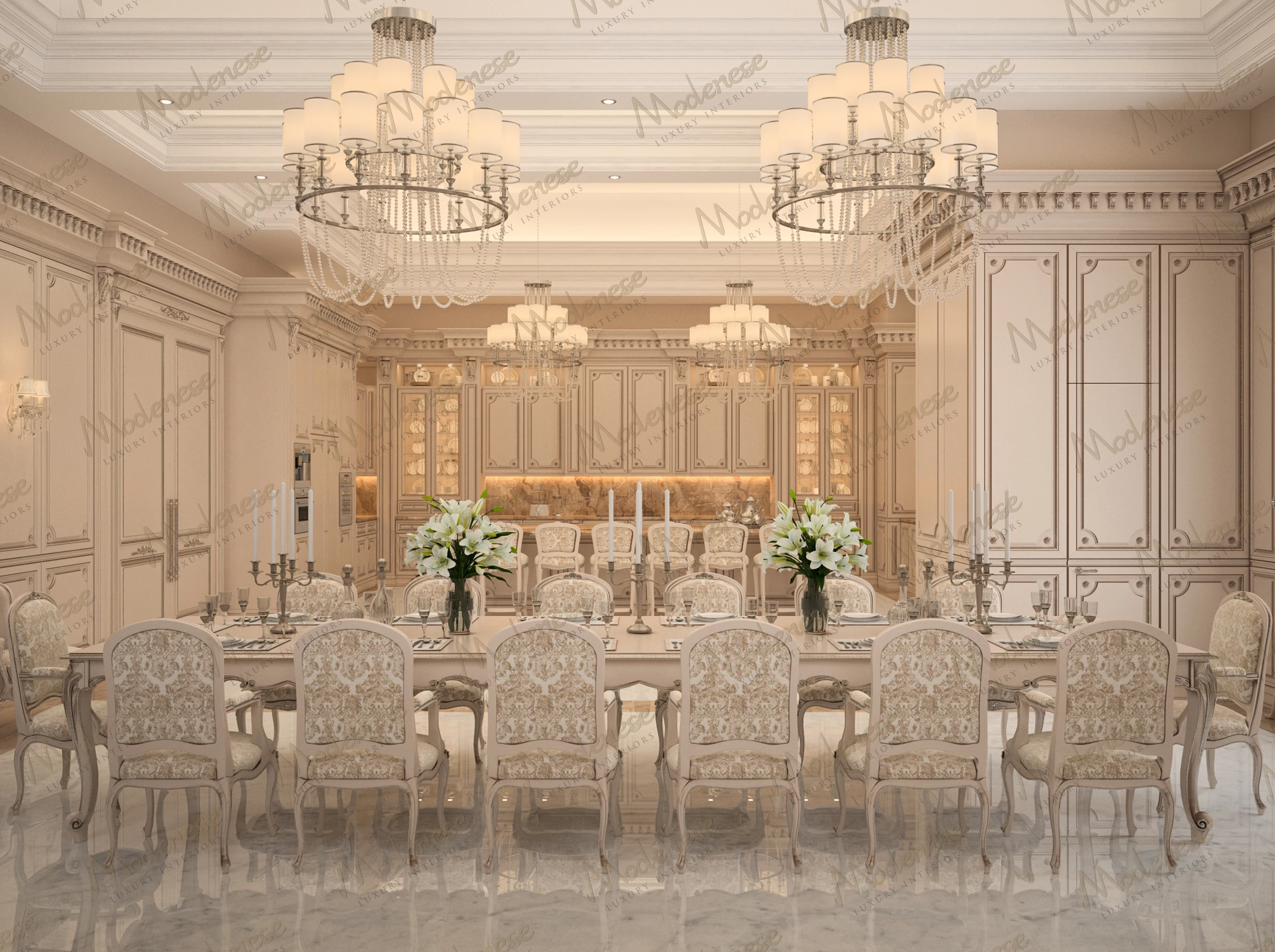 Elegant dining room in a Middle Eastern villa with long banquet-style table, embroidered chairs, and multiple crystal chandeliers