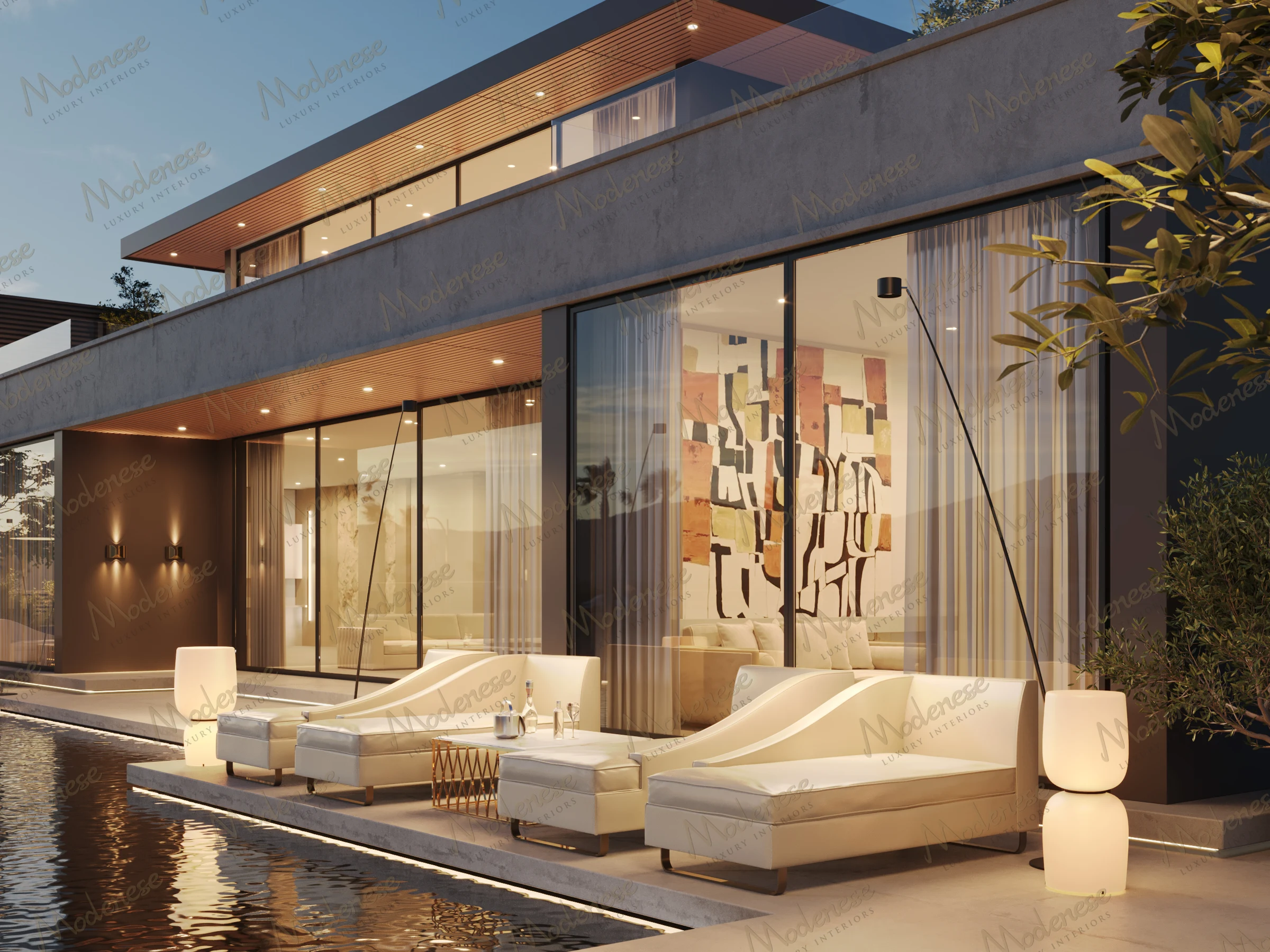 Modern luxury villa outdoor lounge with large glass façades, designer chaise longues, warm evening lighting, and a reflective poolside setting