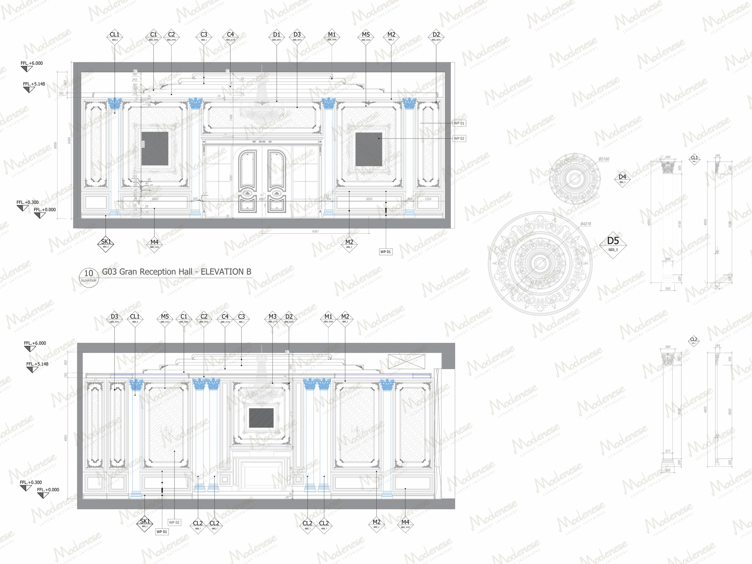 2D interior elevations and ceiling medallion detailing for a Nigerian government palace reception hall, including wall paneling, columns, and decorative moldings