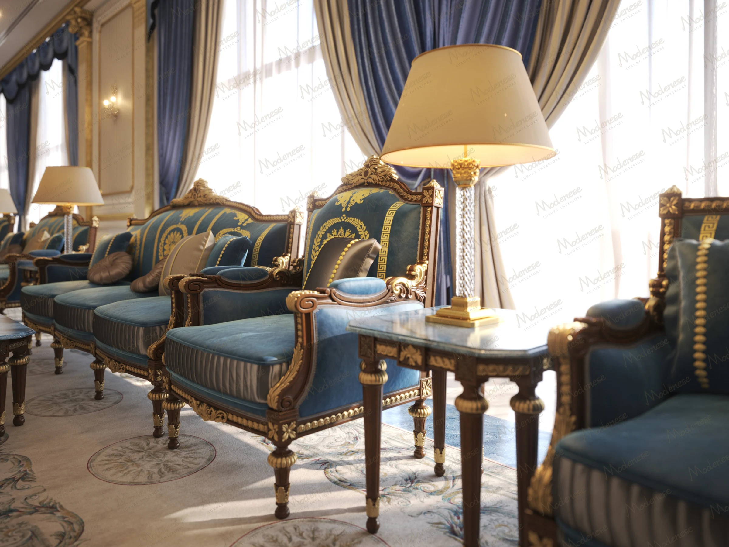 Close-up of regal blue and gold armchairs with carved wooden frames and silk cushions in an Abu Dhabi palace interior