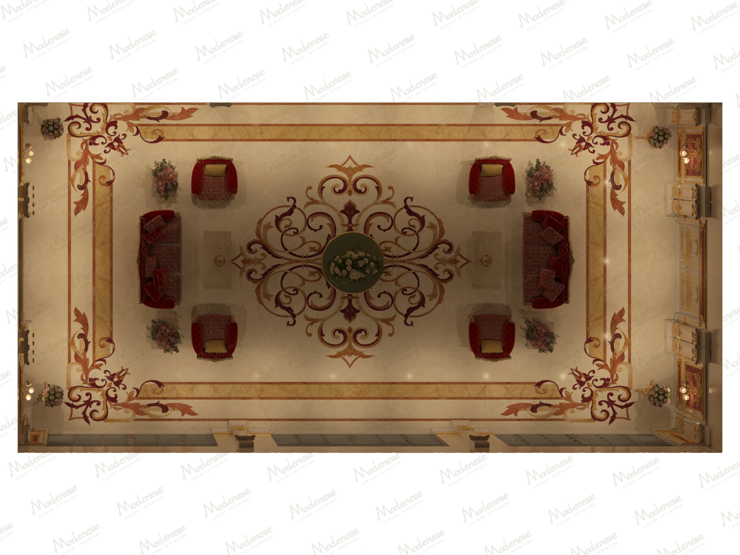 3D render of an elegant reception hall in Virginia viewed from above, featuring symmetrical red and gold furniture arrangements on a marble inlay floor