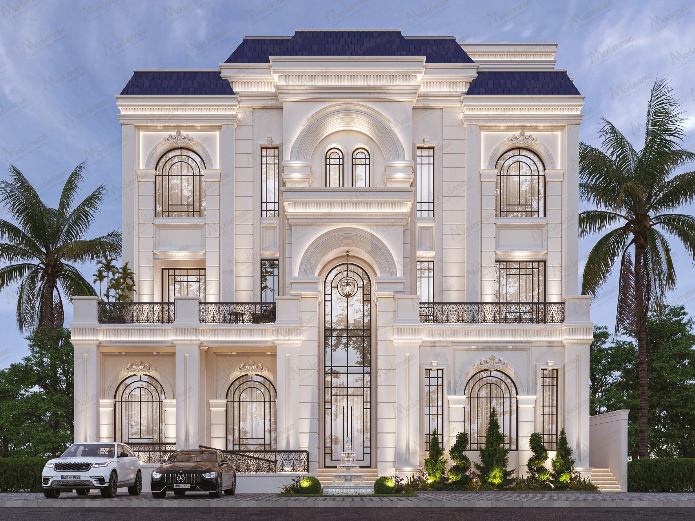 Luxurious white neoclassical villa exterior in Milan with symmetrical design, wrought iron balconies, and palm trees flanking the entrance