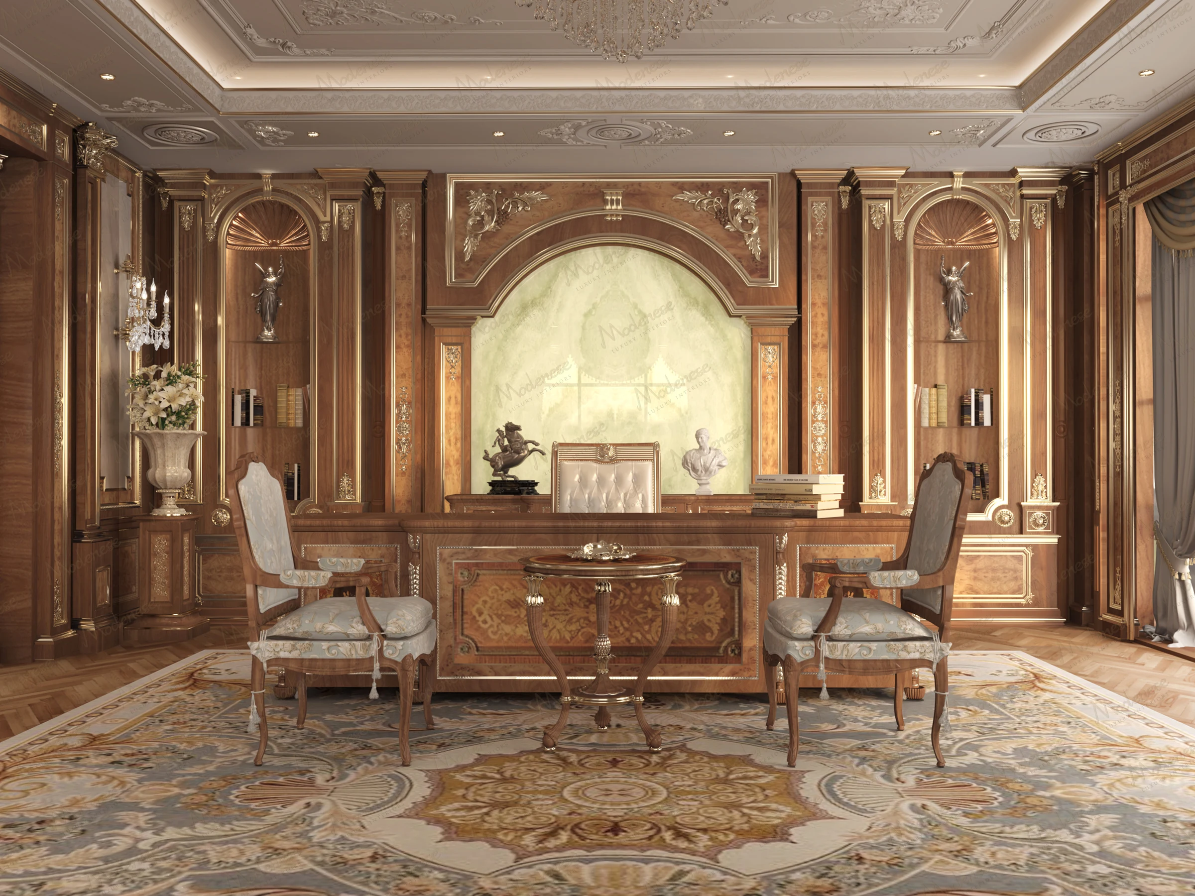 Grand classical study with intricate wood cabinetry, decorative columns, antique furnishings, and an elaborate inlaid desk set against a soft green backdrop
