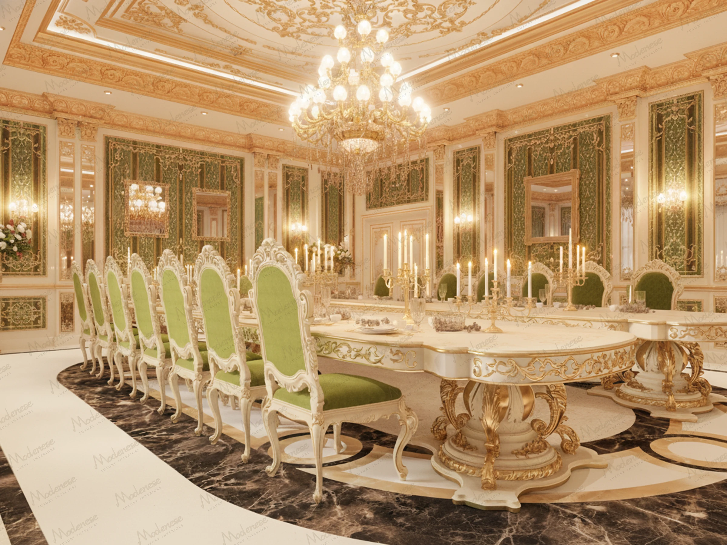 Majestic dining hall in a Doha villa with long oval table, green upholstered chairs, ornate gold paneling, and multiple candelabra-style chandeliers