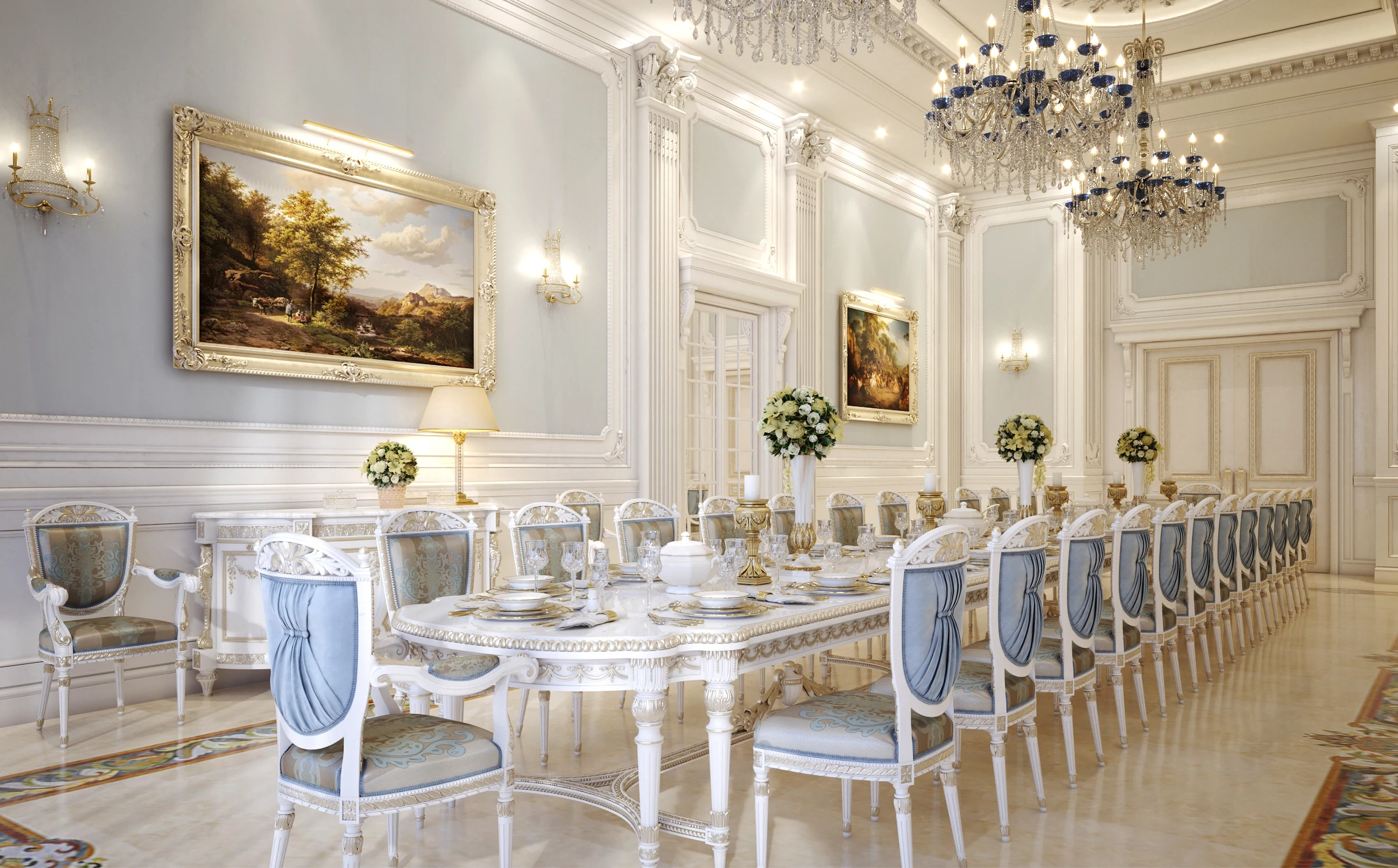 Elegant Riyadh sitting room with high ceilings, royal blue velvet drapes, gilded furniture, and a symmetrical arrangement of armchairs around a central settee