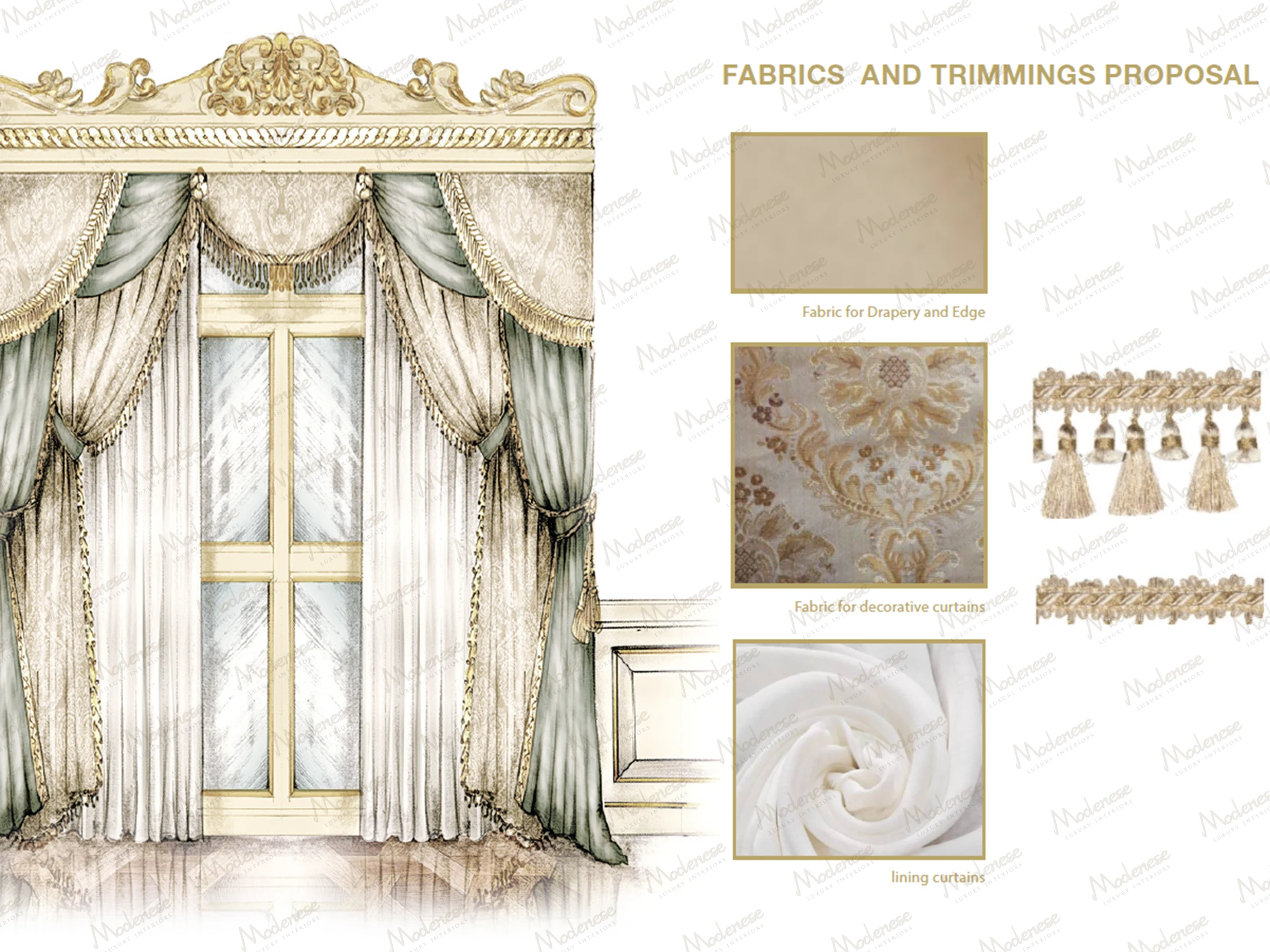 Fabric and trimmings board with green and beige damask samples, shown alongside a sketch of a traditional curtain design with ornate swags and fringe