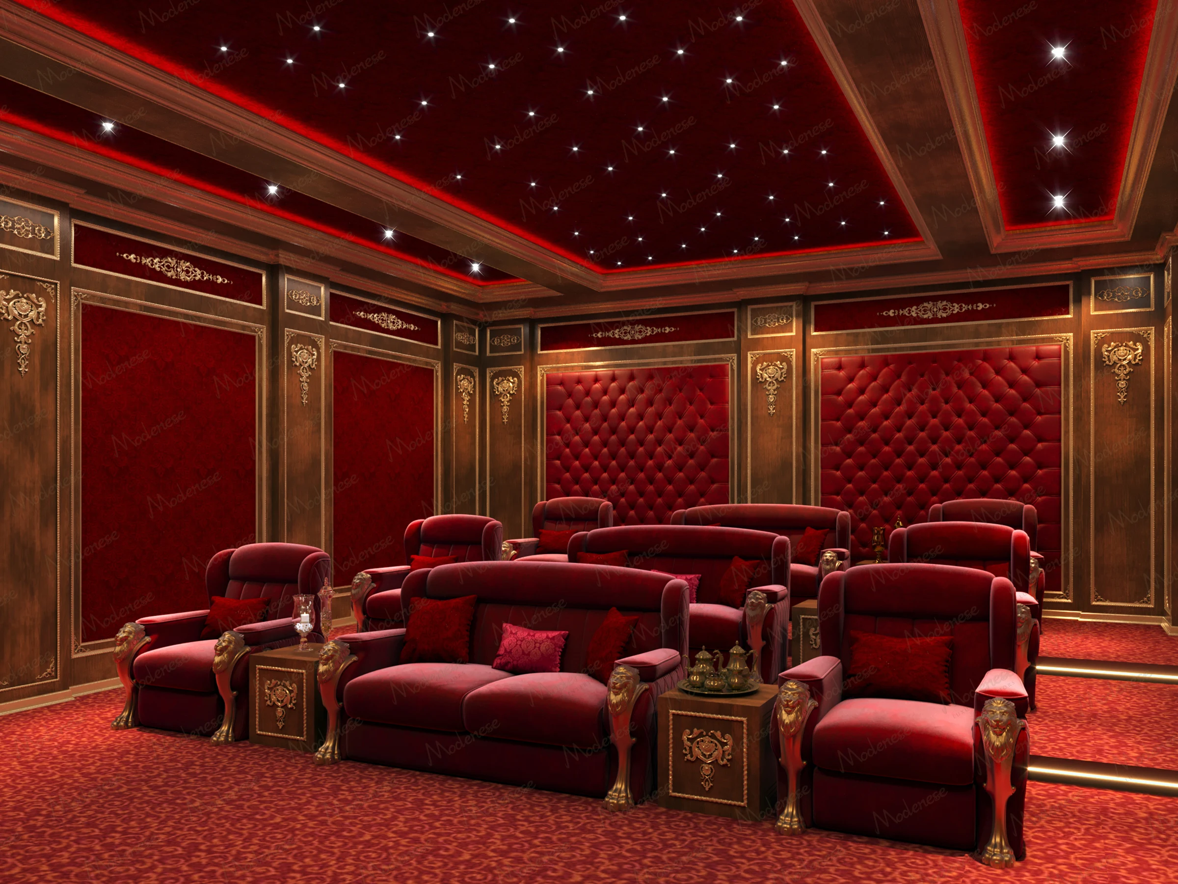 Opulent red and gold private theater with tufted velvet walls, ornate wood paneling, and richly upholstered armchairs featuring lion-head armrests