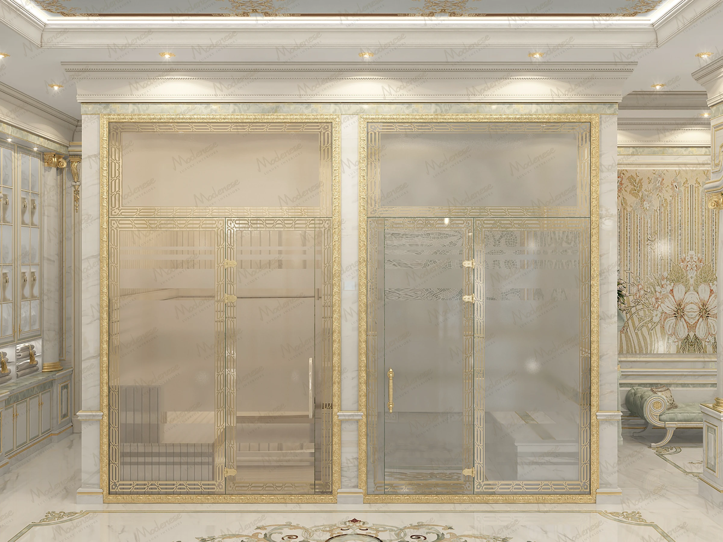 Luxurious spa zone with frosted glass steam and sauna rooms enclosed in gold frames, surrounded by marble walls and intricate floral decor