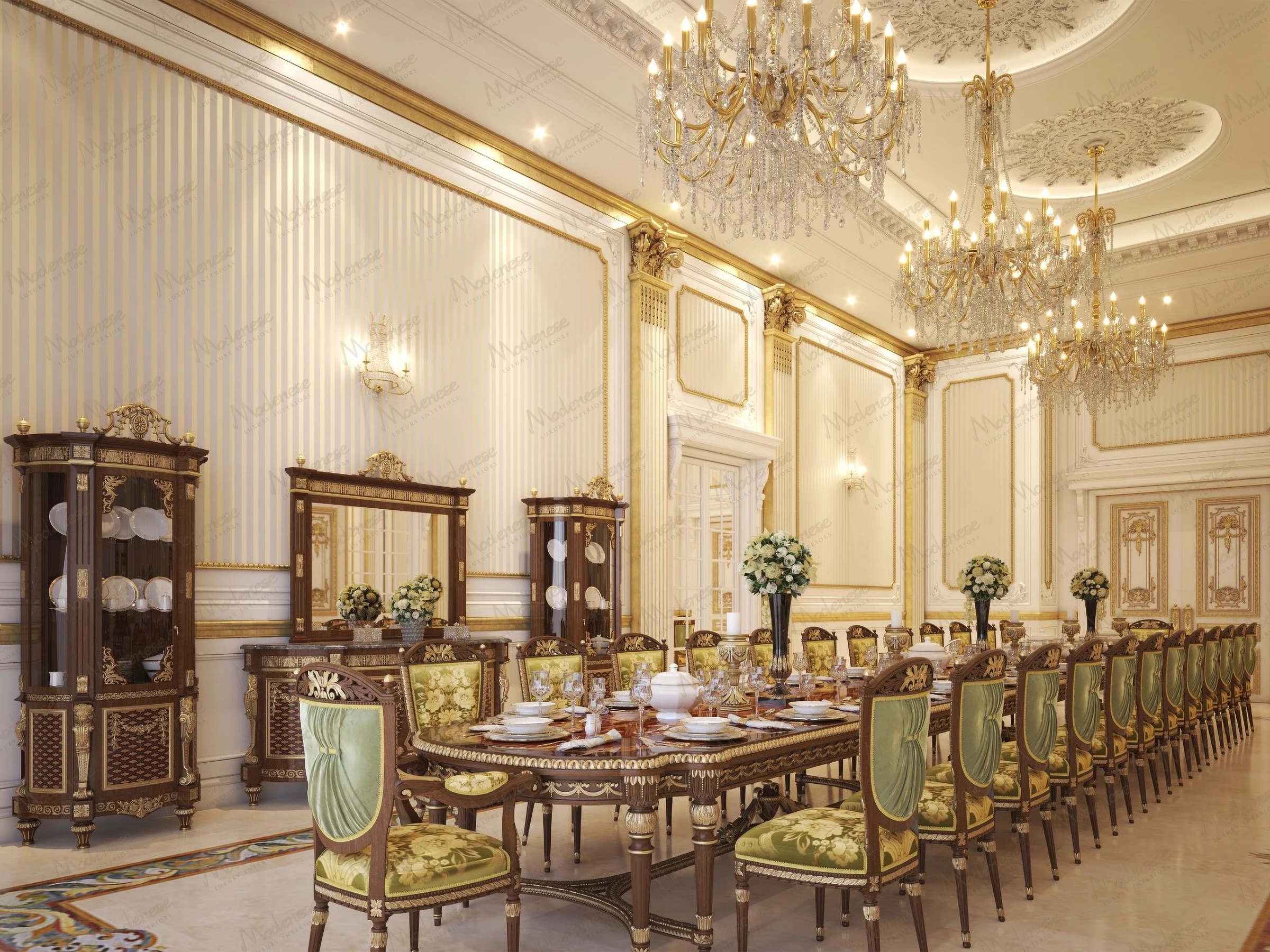 Royal dining room in Riyadh with long wooden dining table, green and gold upholstered chairs, crystal chandeliers, and antique display cabinets against striped wallpaper