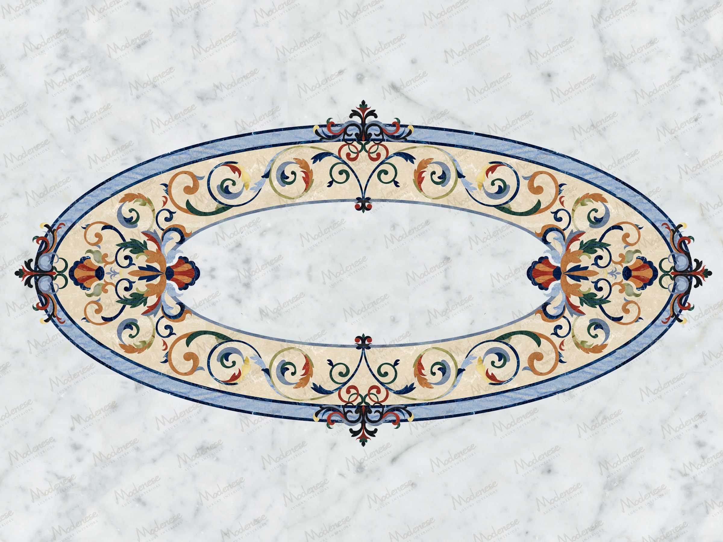 Oval marble inlay design in Virginia combining blue, gold, and red tones in symmetrical scrollwork on a white marble base