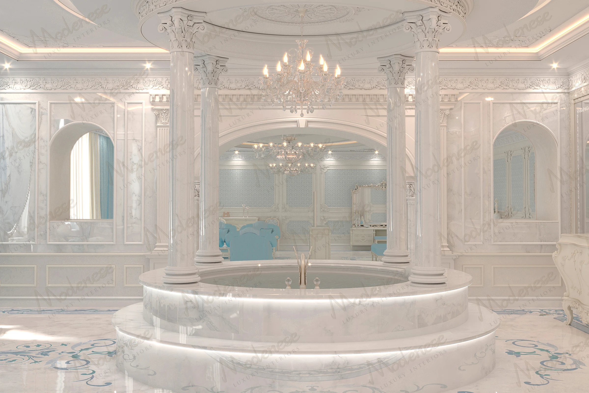 Elegant marble-clad bathroom in Lagos showcasing a central spa tub beneath chandeliers, with classical columns and blue-accented furnishings in the background
