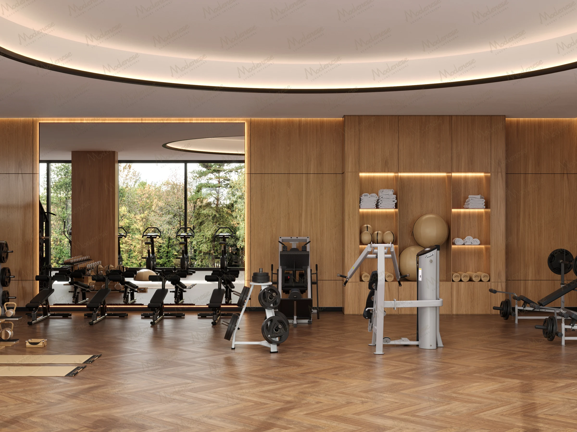 Spacious fitness studio with mirrored walls, organized workout zones, built-in shelving for towels and accessories, and views of surrounding greenery