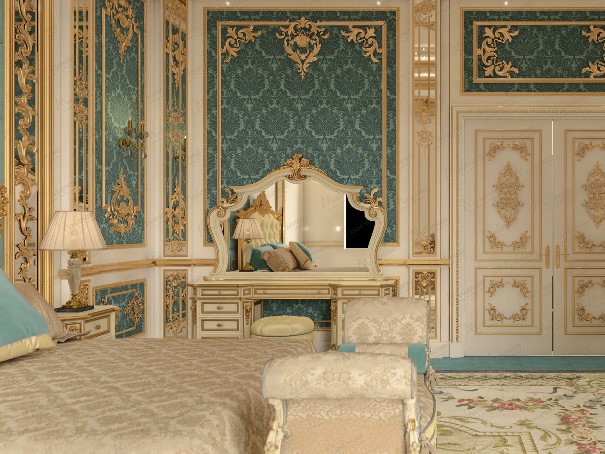 Opulent bedroom with green and gold damask paneling, carved vanity dresser, and intricately upholstered bed in a classical Lagos interior