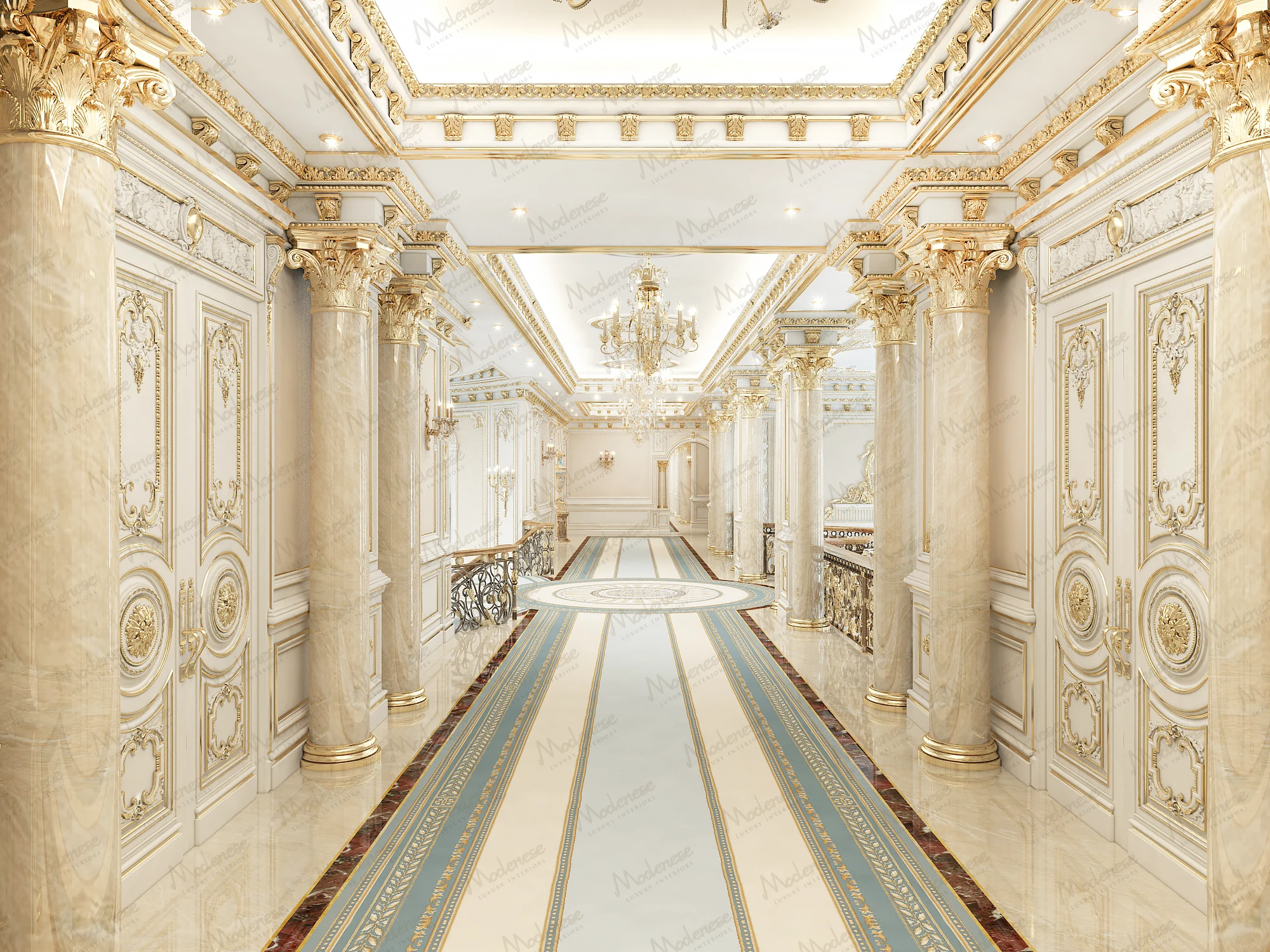 3D render of an opulent corridor in a Baghdad project with ornate wall panels, fluted columns, gilded ceiling moldings, and crystal chandeliers