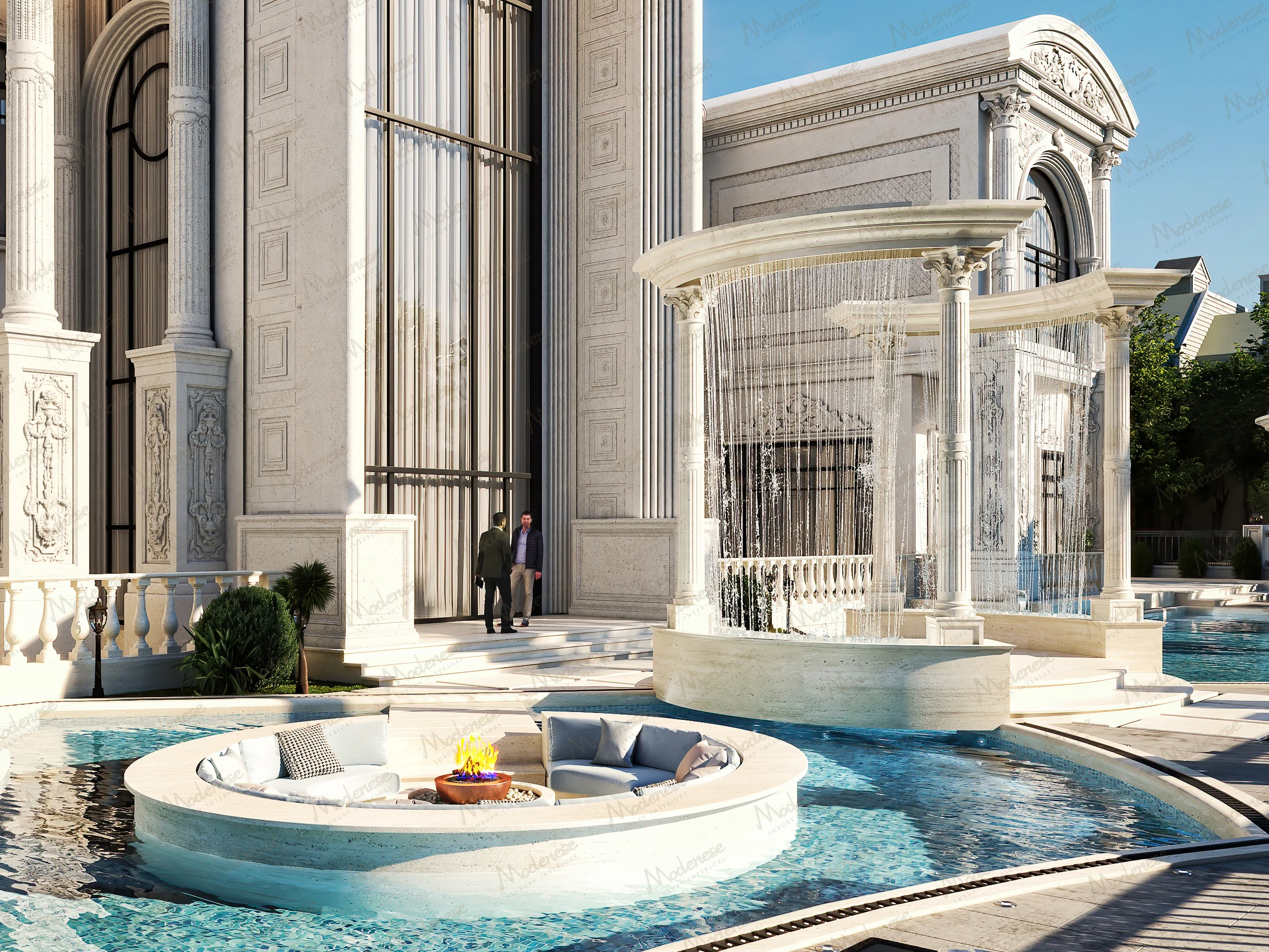 Elegant Dubai villa exterior with Corinthian columns, circular fire pit lounge set within a private pool, and cascading water features under blue skies