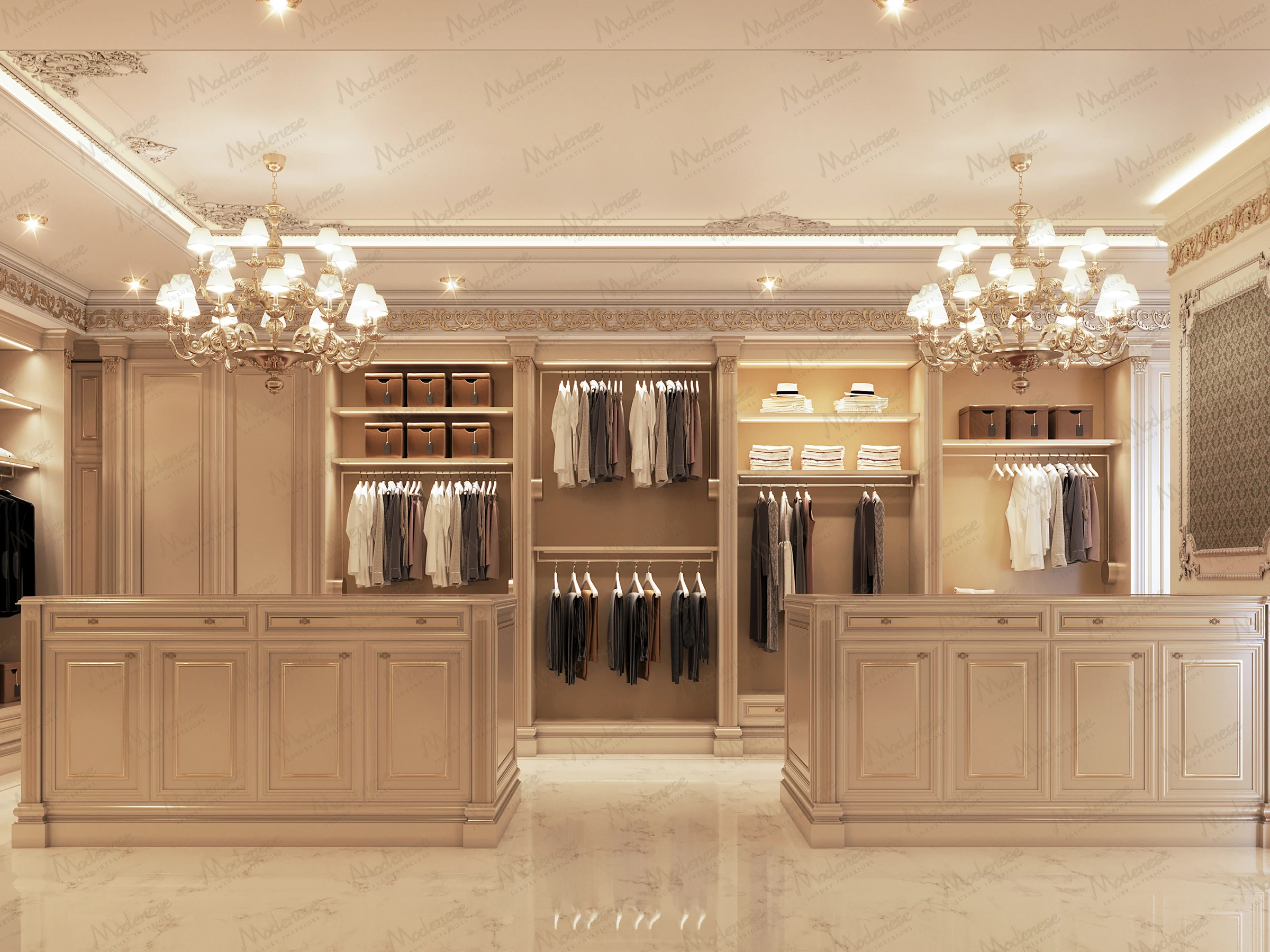 Luxurious wardrobe space featuring cream cabinetry, accent lighting, hanging clothing displays, and twin chandeliers under a richly detailed ceiling design