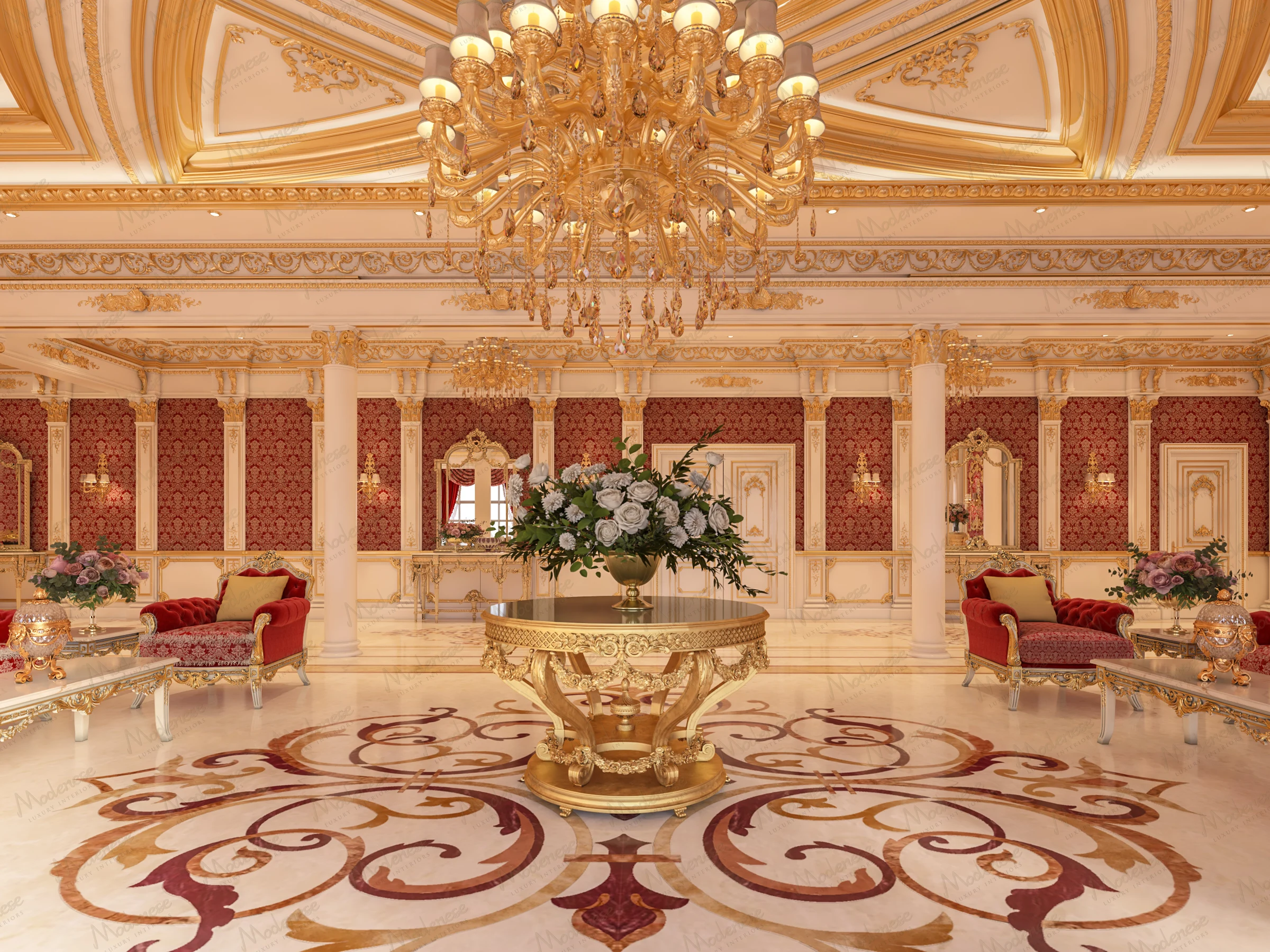 3D render of a grand neoclassical reception space in Virginia with red damask wall panels, gold-leaf detailing, and a central floral arrangement under a crystal chandelier