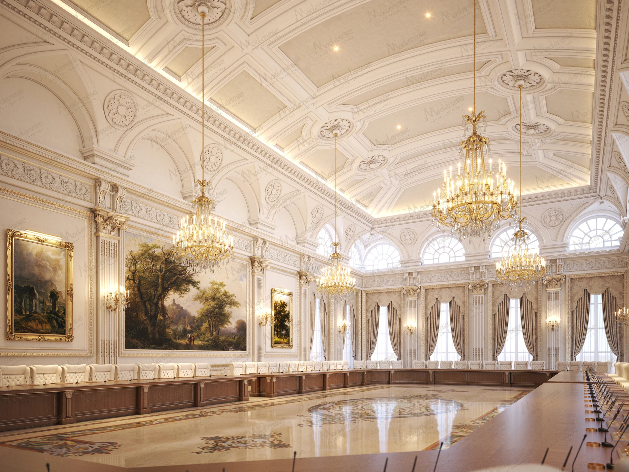 Majestic conference hall in Dubai with vaulted coffered ceiling, gilded chandeliers, classic artwork, and a grand U-shaped wooden table surrounded by tufted chairs