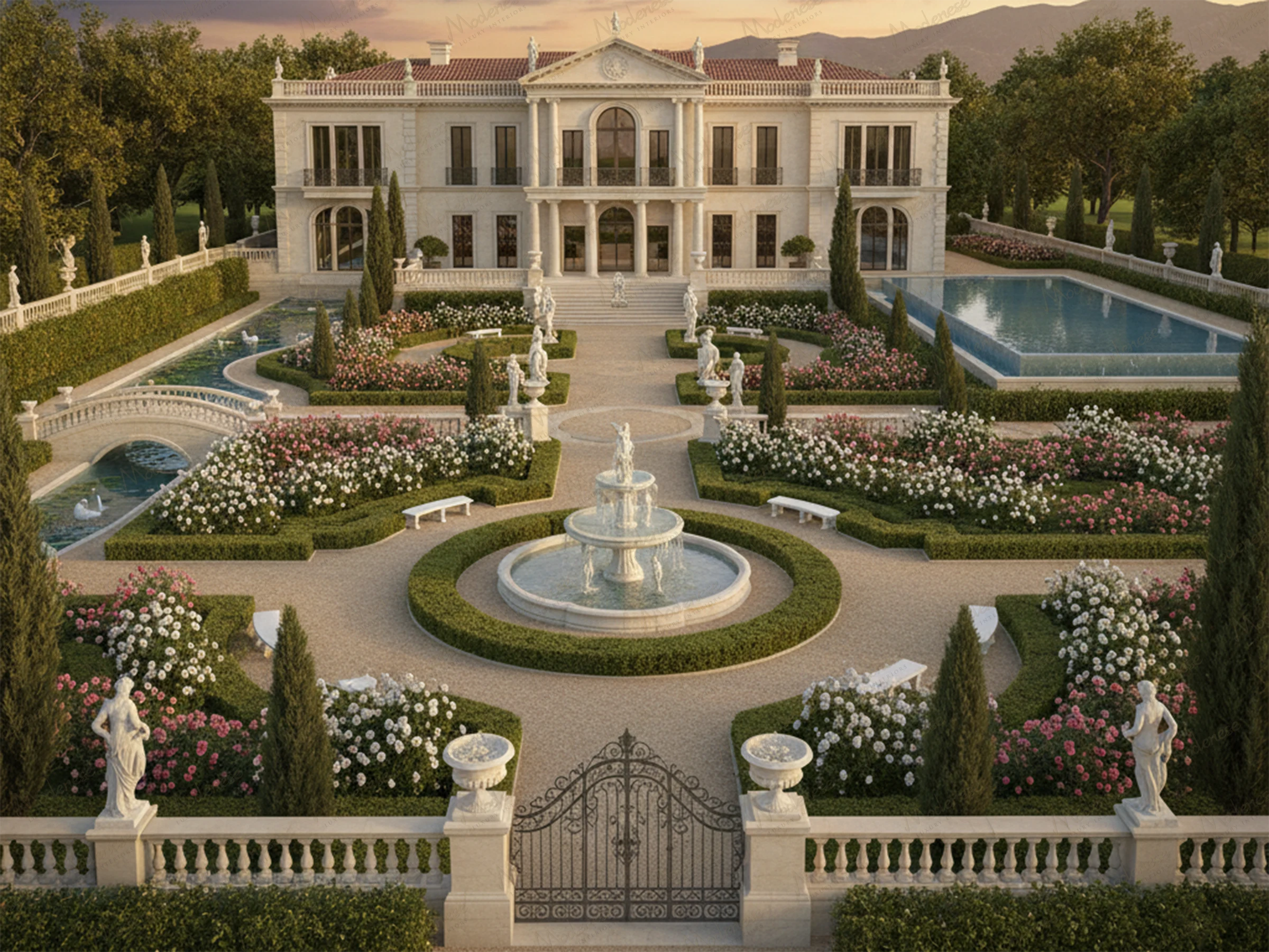 Formal Italian Renaissance-style garden in Milan with manicured hedges, fountains, sculptures, and a palatial residence in the background