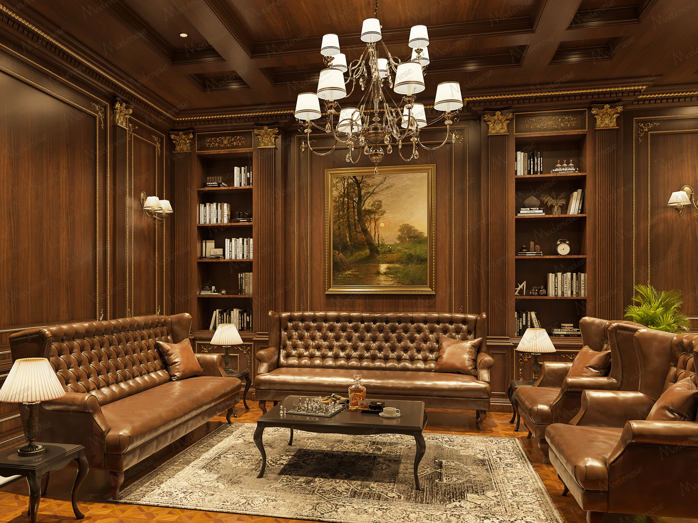 Classic cigar lounge in Amman with wood-paneled walls, tufted leather sofas, a central painting, and built-in bookshelves under coffered ceilings