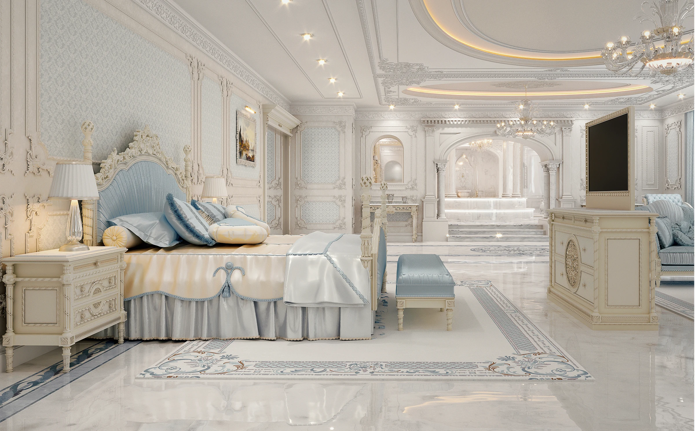 Luxurious formal dining room in Riyadh with a long ornate white and gold table, blue upholstered chairs, classic chandeliers, and landscape paintings on pastel walls