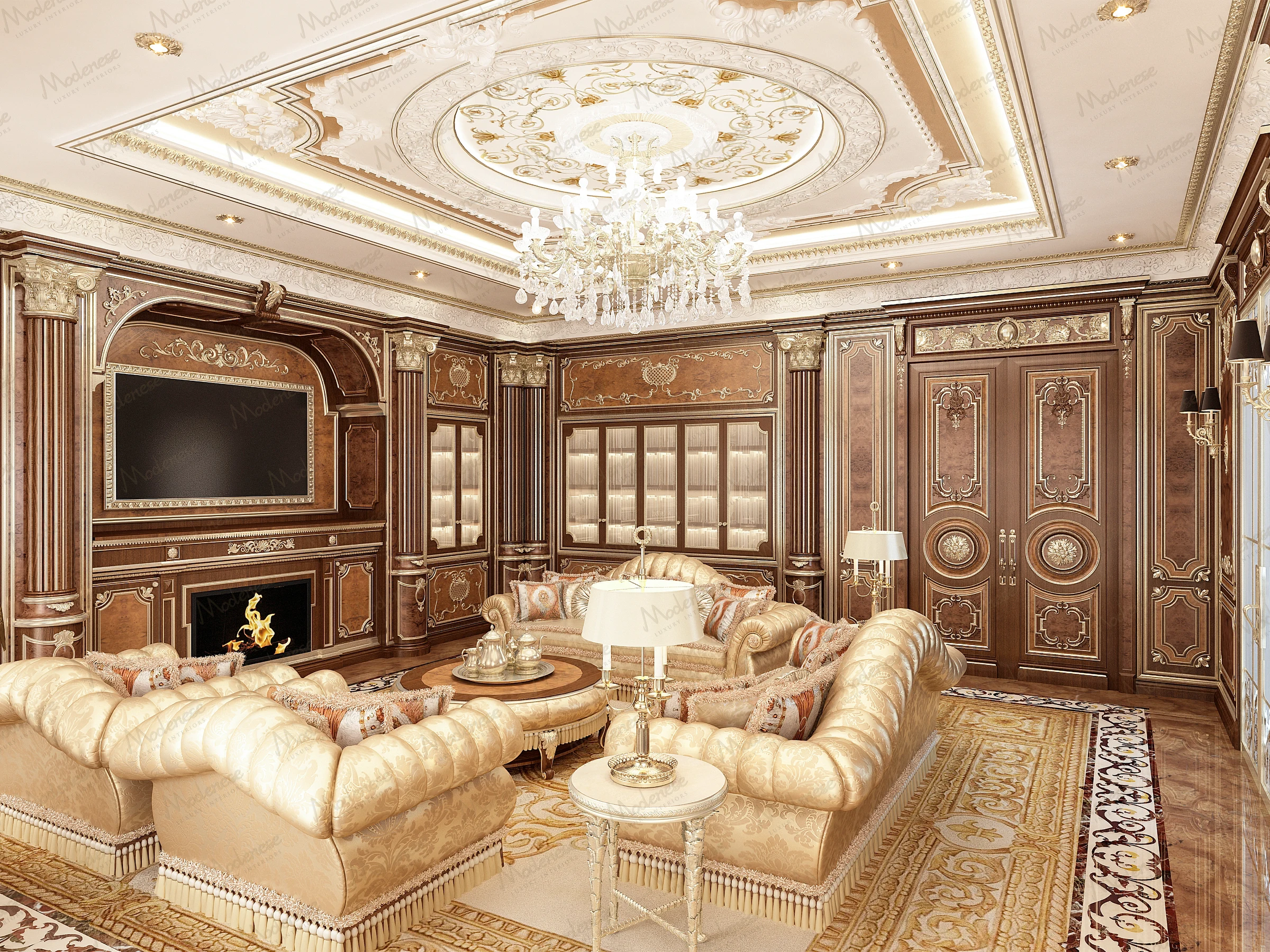 Luxurious Riyadh lounge with gold tufted seating, intricately carved wood paneling, chandelier lighting, and an entertainment wall with a fireplace and large screen