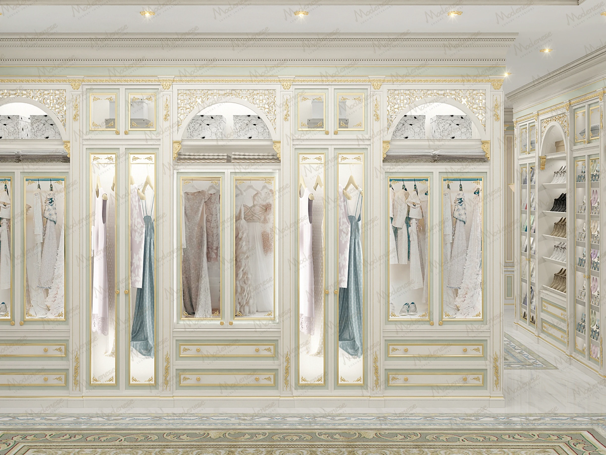 3D render of a lavish dressing room in a villa in Iraq with glass-front wardrobes, crystal chandeliers, and pastel-gold detailing